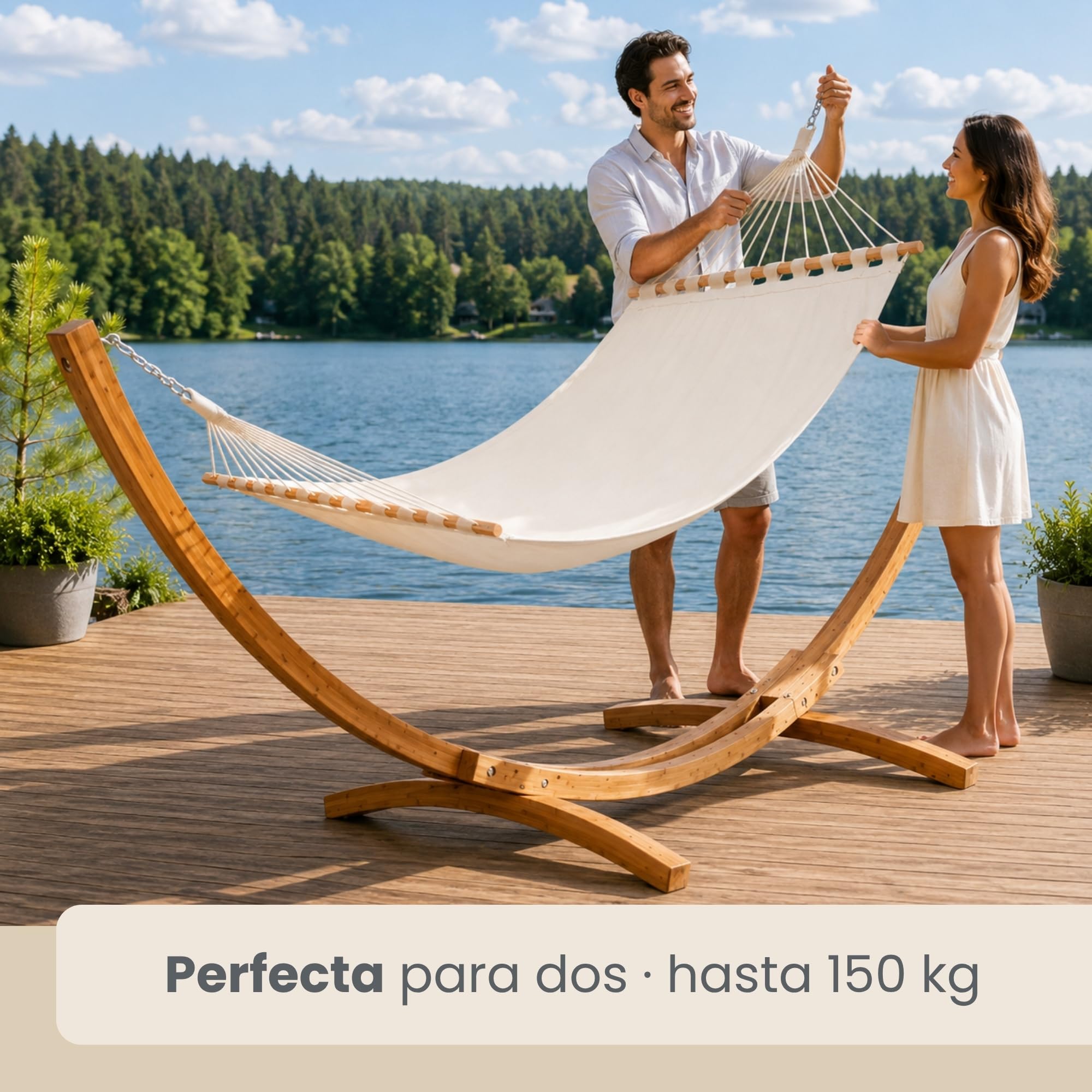 AMANKA Hamaca Terraza con Soporte - 325 cm Madera Exterior - Jardín con Colgante - Hamaca Doble - Marco de Jardín