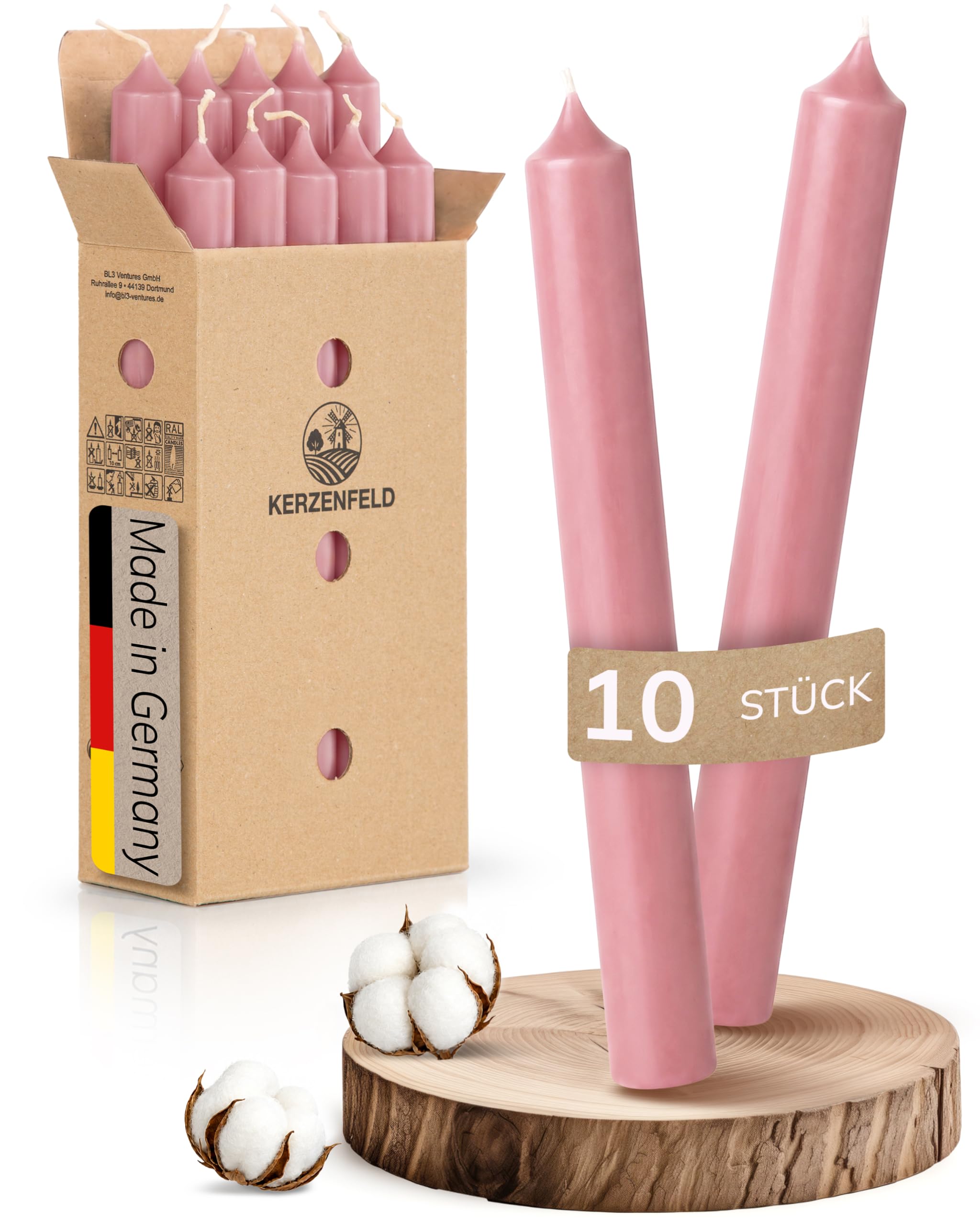 Stabkerzen Rosa, 10 Stück, 180mm x 22mm, 2-fach getaucht, 7+ Stunden Brenndauer, Made in Germany, Ohne Tropfen & Rußen - Unparfümierte und RAL-Zertifizierte Tafelkerzen