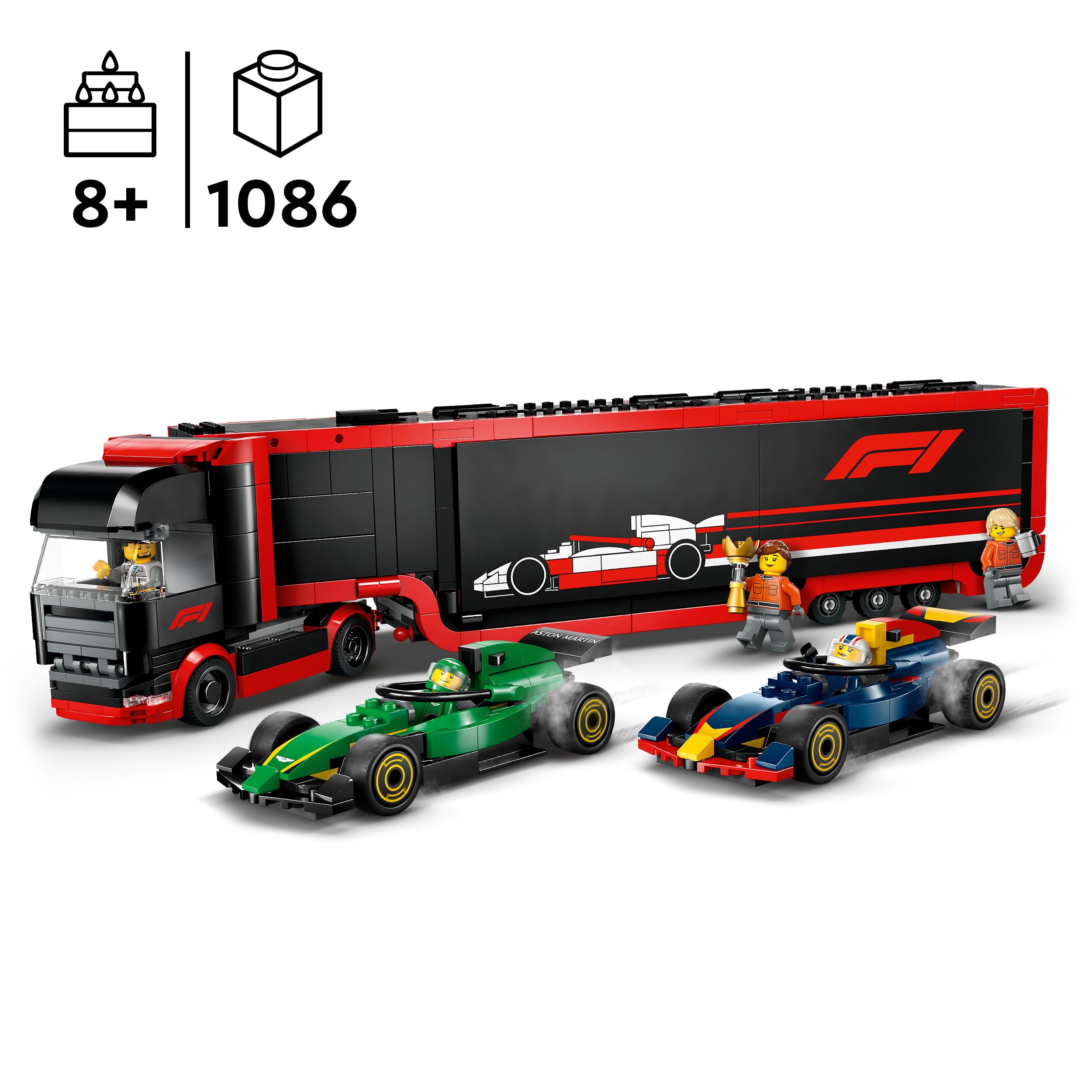 LEGO City F1 Ciężarówka z bolidami RB20 i AMR24 F1 60445 | Zabawkowa ciężarówka, zestaw klocków dla dzieci 8+, prezent dla fana F1, dla chłopca i dziewczynki, 1086 elementów