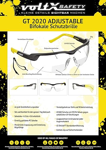Miniatura 11 de voltX GT ADJUSTABLE Bifocal Reading Safety Glasses (Clear Lens +1.0), ANSI Z87.1+ & CE EN166FT, Anti fog coated, UV400 Lens, Scratch resistant, Tilt