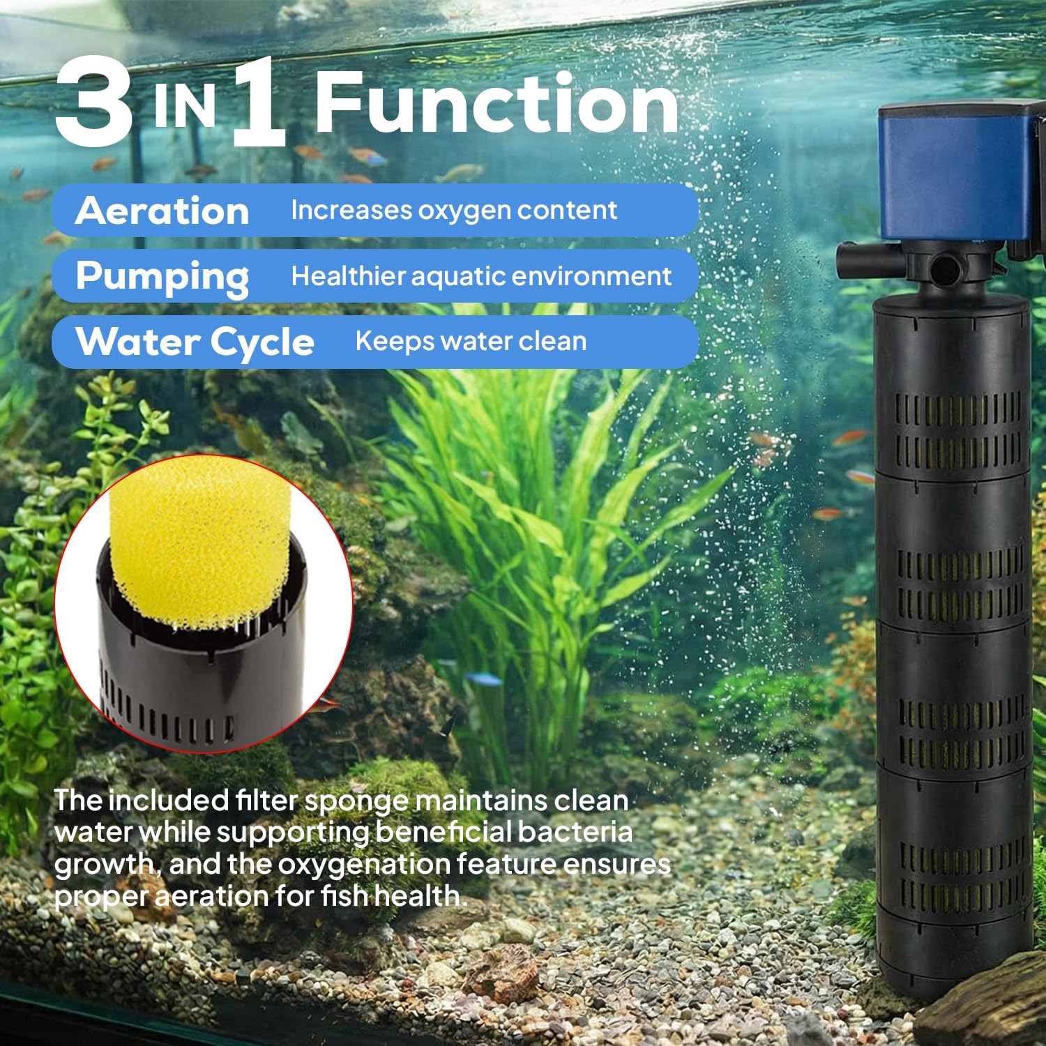Aqua Dream 660 GPH Internal Aquarium Filter 3 in 1 Submersible Powerhead Pump with High-Volume Air Oxygenation & Sponge Filtration, 35W Adjustable Flow Water Cycling Pump for Large Fish Tanks - 1 Pc
