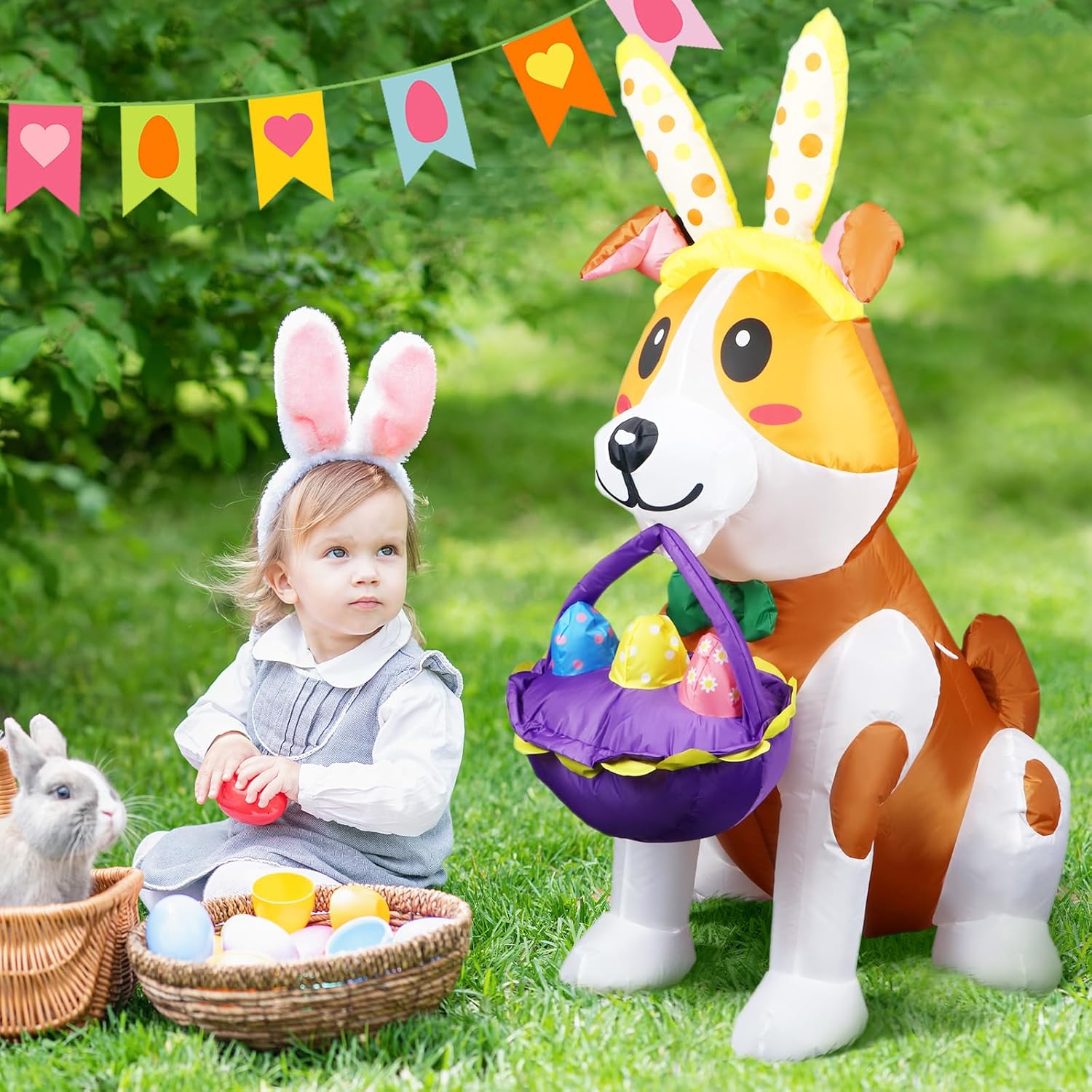 Hollowfly 5FT Easter Inflatables Outdoor Decorations Dog Blow up Yard Decorations Built in LED Lights Inflatable Easter Bunny Ears with Basket Egg for Holiday Party Yard Garden Lawn Hunt