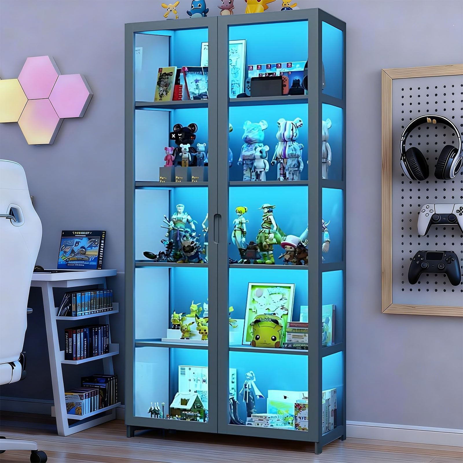 Vitrina con Puertas de Vidrio acrílico, Organizador de Juguetes coleccionables de 5 Niveles y Estante de exhibición, estantería para el hogar, Sala de Juegos, Sala de Estar (Gris-2)