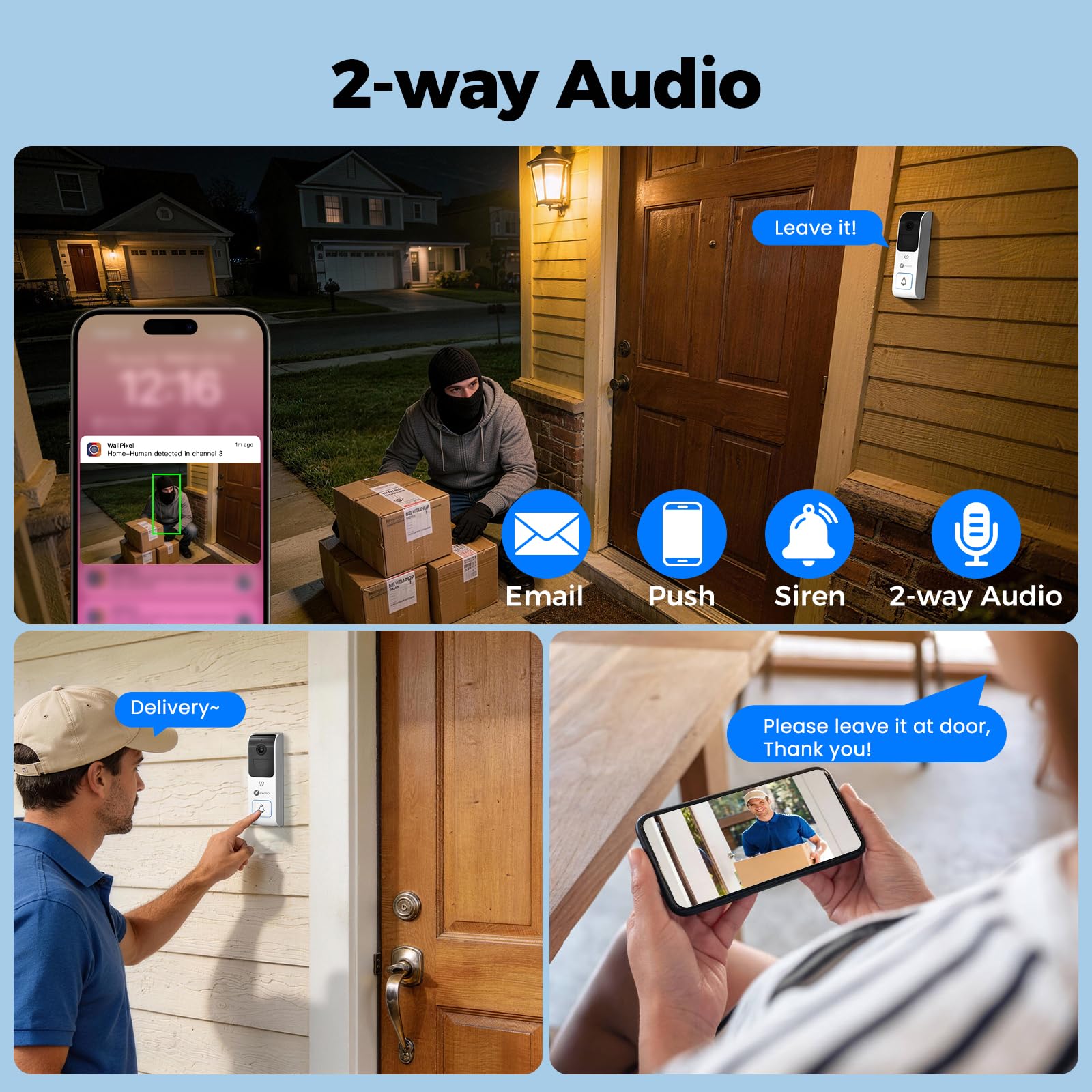 XMARTO Campanello video intelligente wireless 2.4G/5G per la sicurezza domestica, sorveglianza Live View con audio a 2 vie, rilevamento e avvisi di movimento/AI, installazione facile, nessun canone