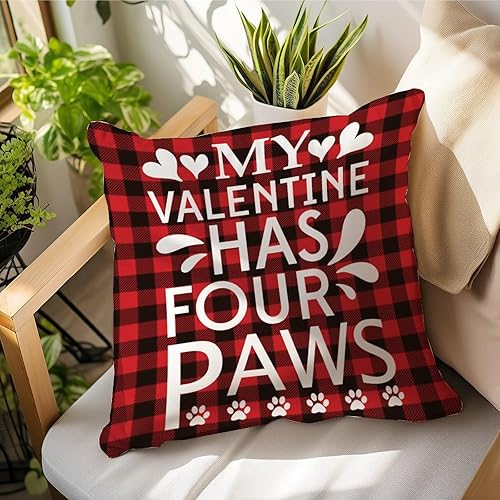 Almohadas para el día de San Valentín, My Valentine Has Four Paws, fundas de almohada a cuadros de San Valentín, funda de cojín de 18 x 18 pulgadas,