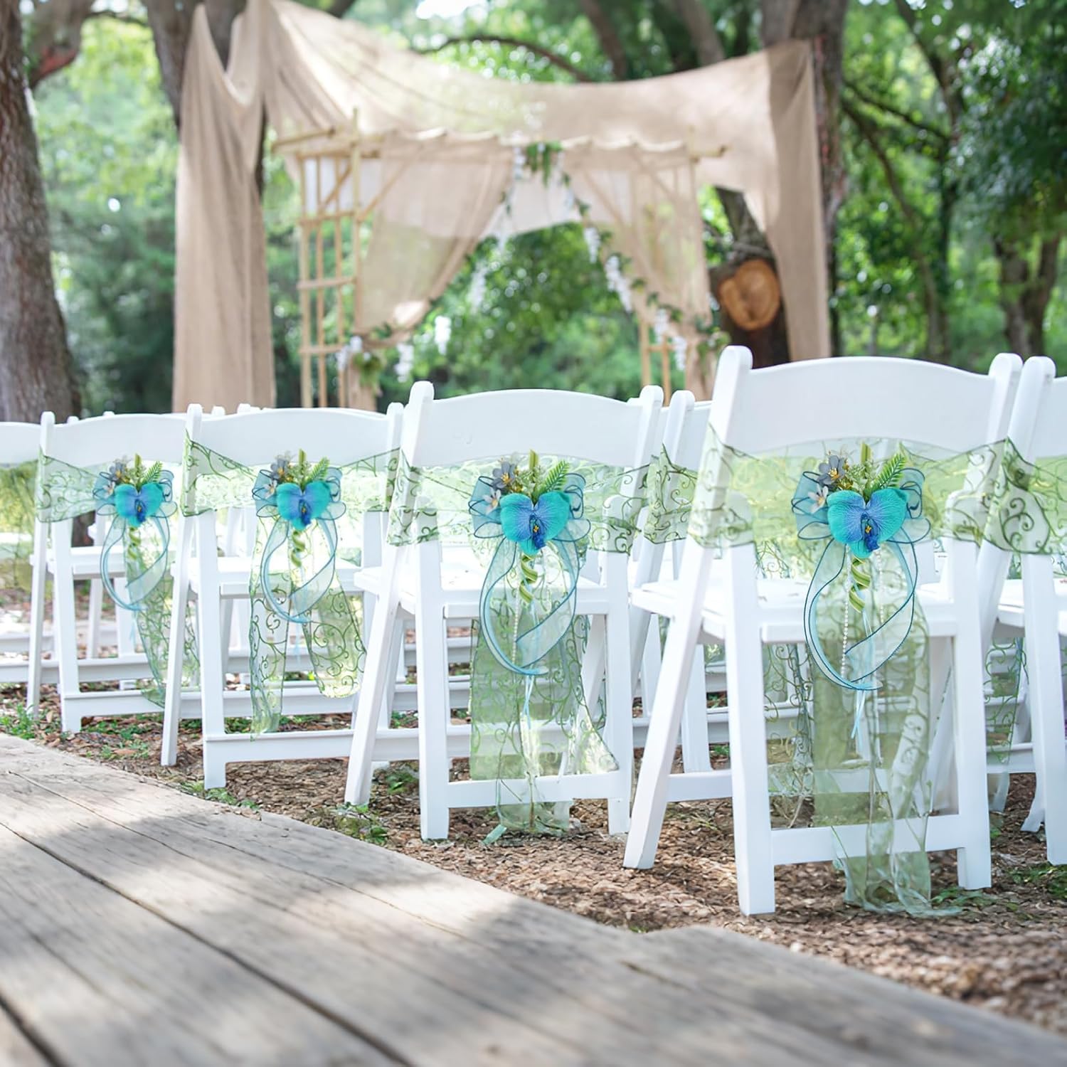 6 Pcs Wedding Aisle Decor, Artificial Blue Orchid Flowers Chair Decor Wedding Flowers Chair Back Ribbon Bow Decorations for Wedding Ceremony Party Church Event