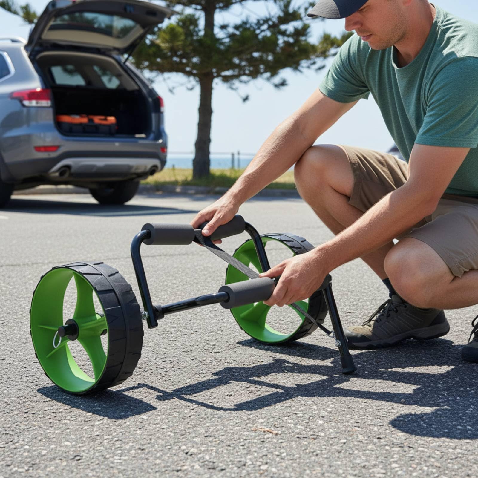predolo Carro de Kayak Plegable Carrito Remolque Transporte Soporte con Ruedas Anchas Marco de Aluminio Plegable Compacto y Resistente Adecuado para Movimiento Desde Coche hasta