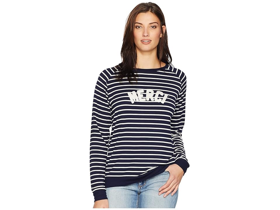 

Per Se Embroidery Raglan Long Sleeve Knit CVC Top French Terry (Navy/White Merci) Women's Clothing