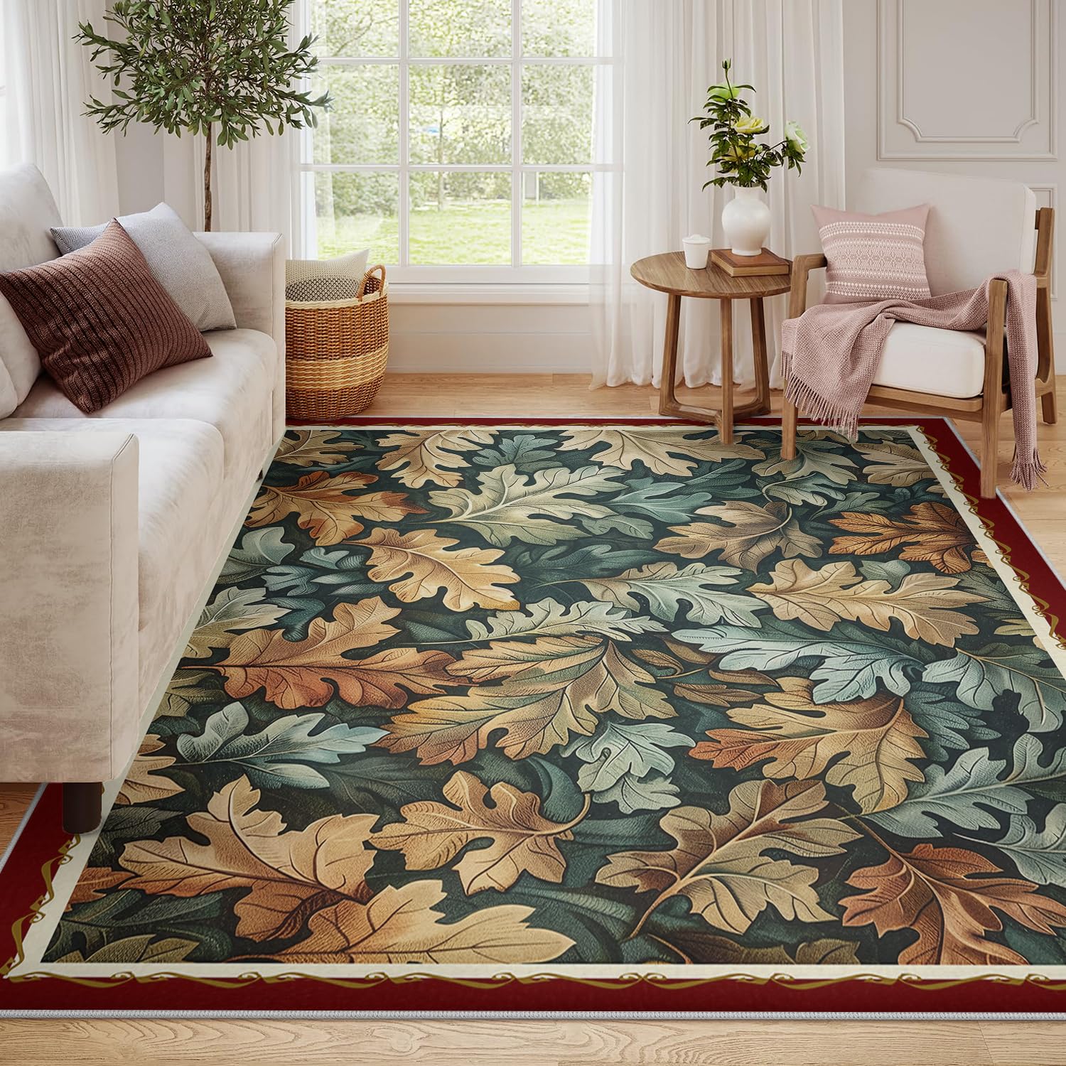 Tappeti rustici lavabili 60x100cm Boho Farmhouse Tappeto a foglia di quercia per soggiorno camera da letto Nursery Foglie autunnali a pelo basso Tappeto a pelo basso Zerbino con bordo rosso