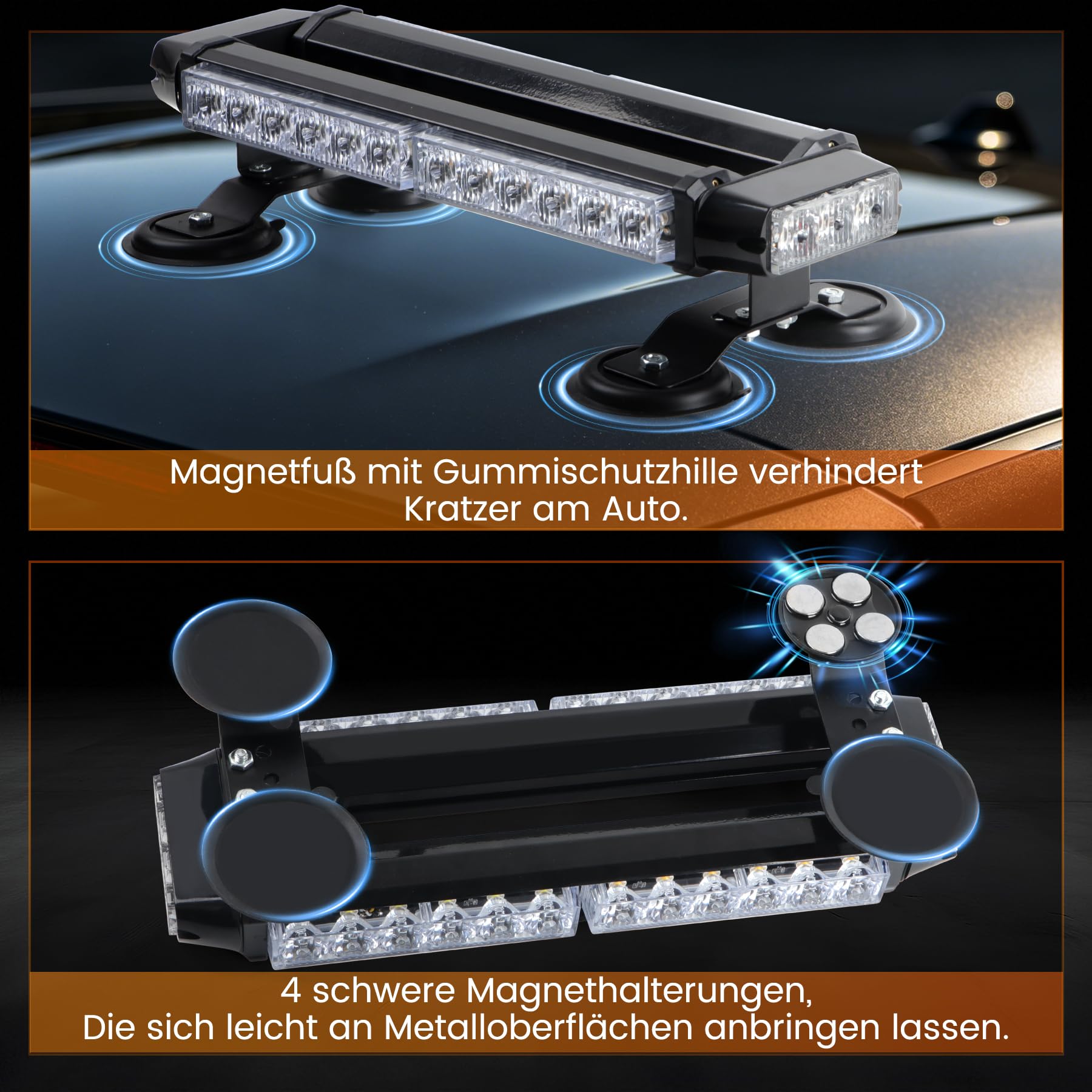 30 LEDs Blinklicht – Wiederherstellungswarnung, Stroboskoplicht, IP65 mit 4 Magnetsockeln, 7 Blitzmustern für 12 V/24 V Notfall für Fahrzeuge, Auto, Anhänger, Dach (bernsteinfarben)