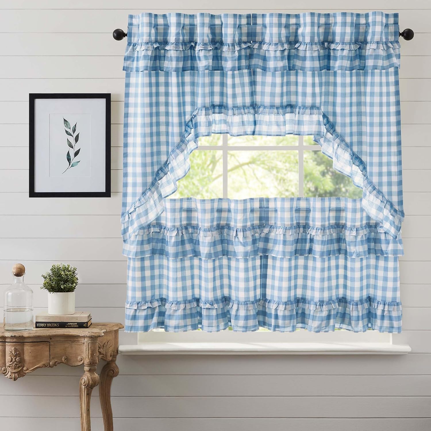 VHC Brands Annie Buffalo Check 4 PC Dusk Blue Ruffled Curtain Set (2 Swag 36x16 and 2 Tier 24x36)