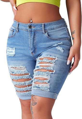 roswear Womens Distressed Knee Length Ripped Stretchy Jean Shorts