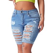 roswear Womens Distressed Knee Length Ripped Stretchy Jean Shorts