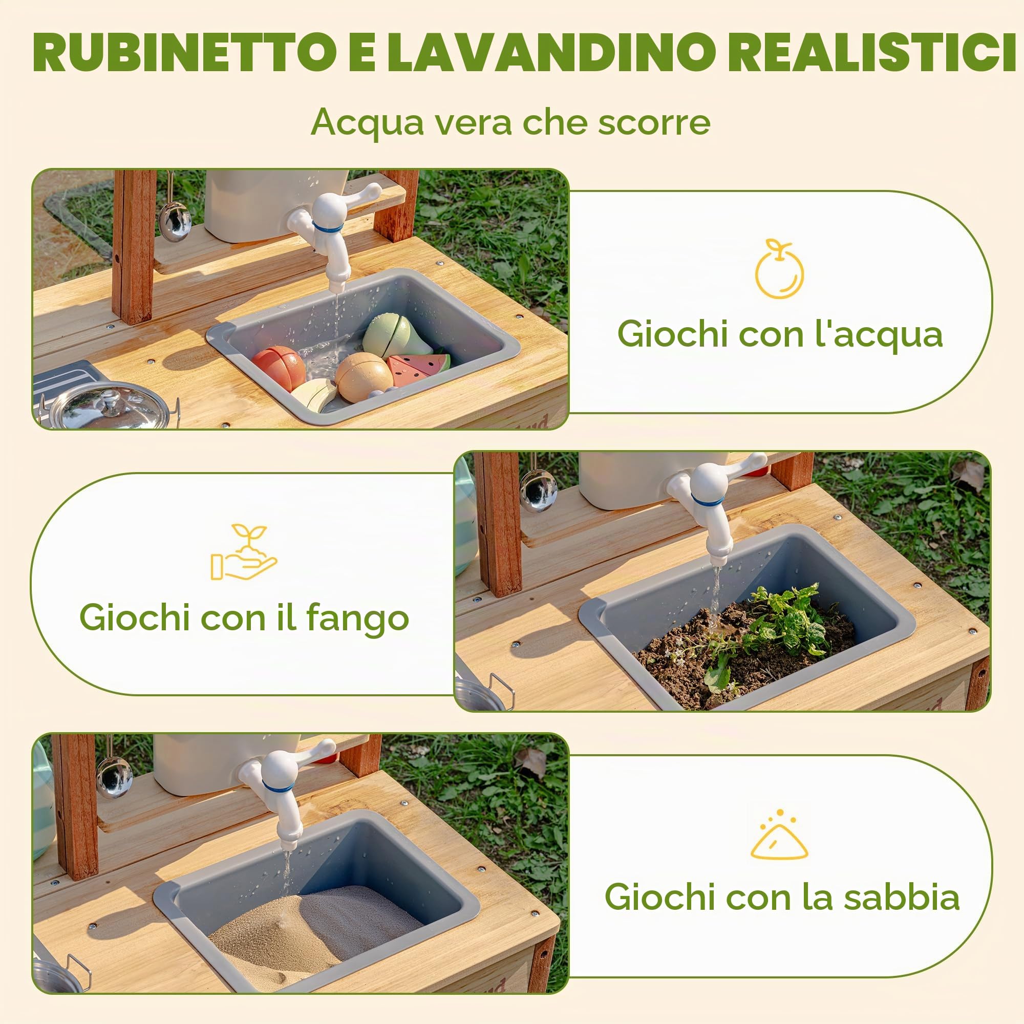 ROBUD Cucina Matsch in legno – Cucina giochi all'aperto con accessori & lavagna – giocattolo per bambini dai 3 anni in su
