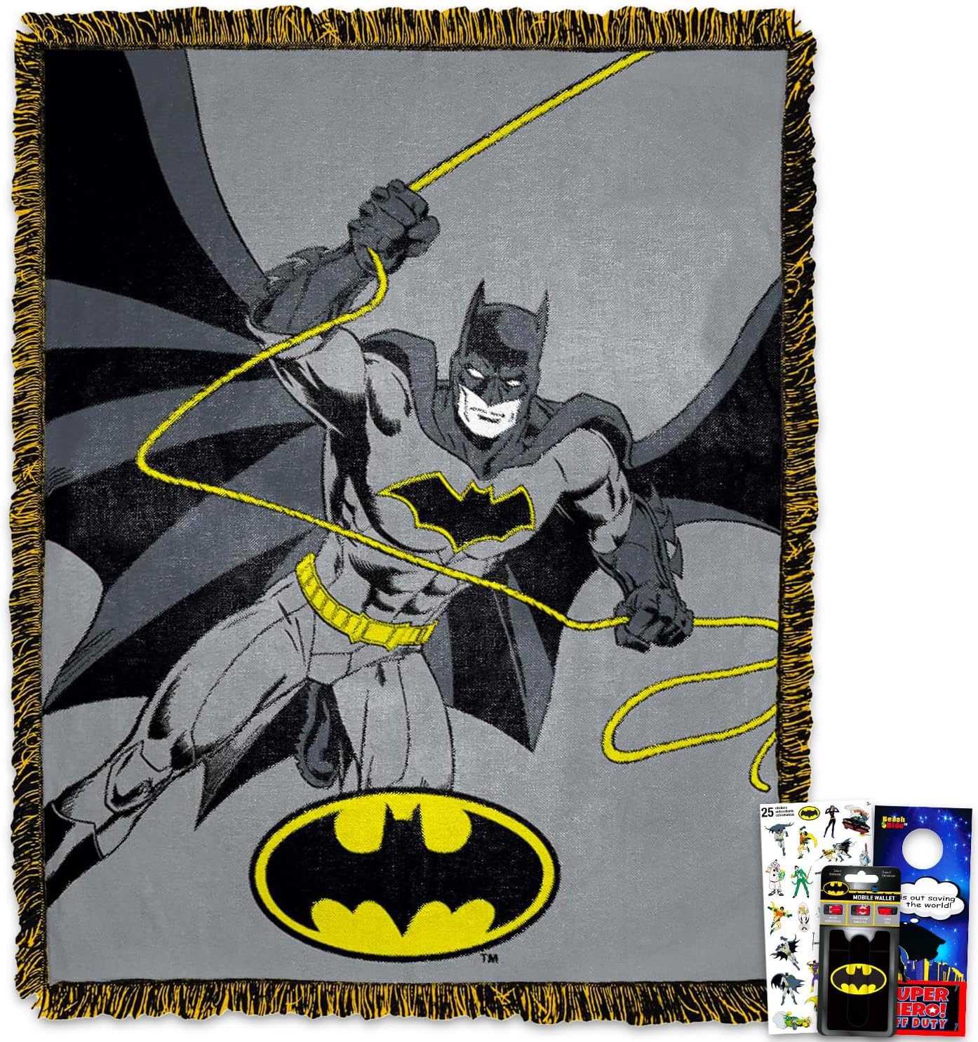 DC Comics Batman Fleece Blanket for Kids - Bundle Sherpa Throw, Stickers, Phone Wallet, and More | Batman Blanket Size 40x50 (Black/Yellow)