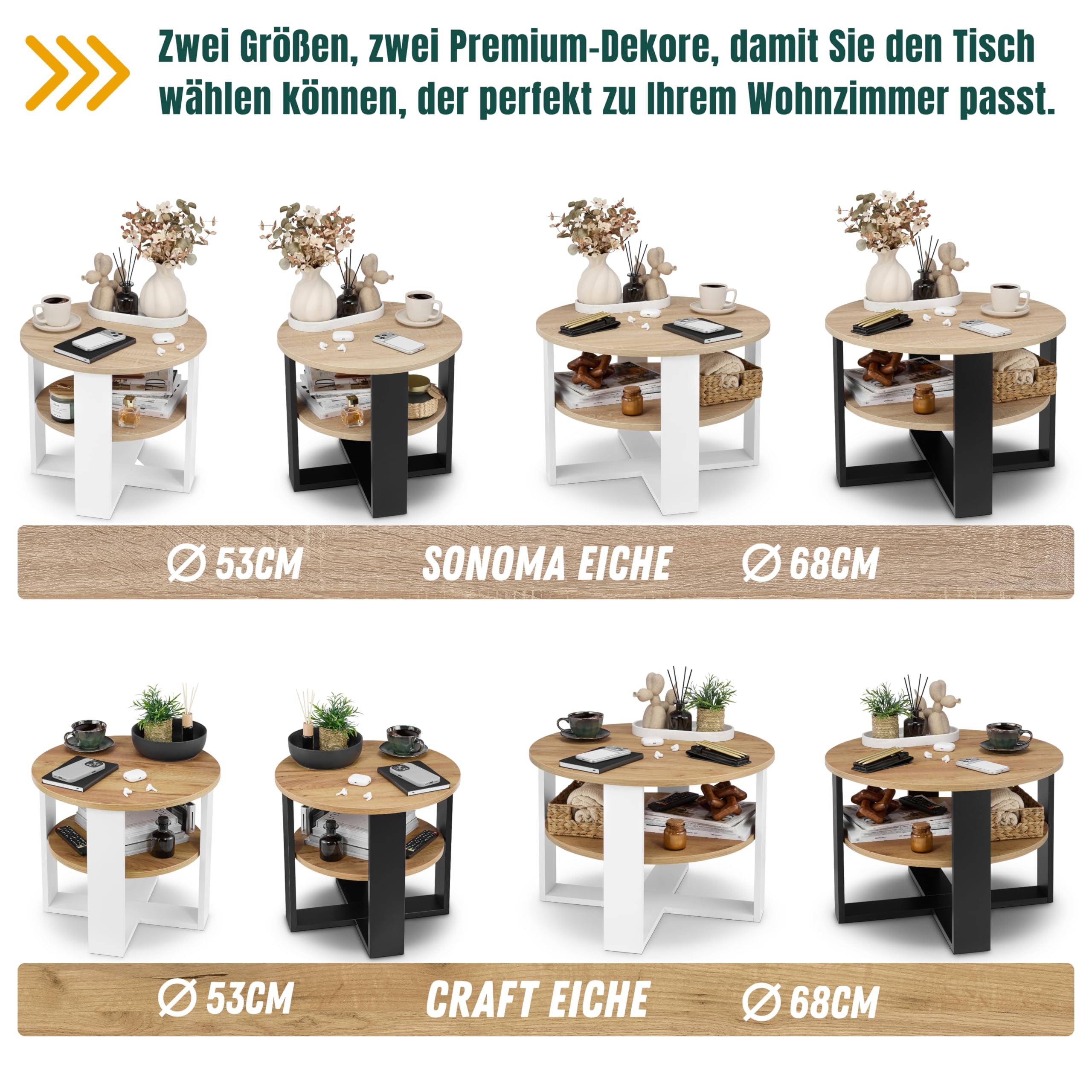 defiPad Couchtisch rund Eiche Ø53 cm - Kleiner Beistelltisch mit Ablage - 2 Ebenen, runder moderner Kaffeetisch im Industrial Design - Hergestellt in der EU