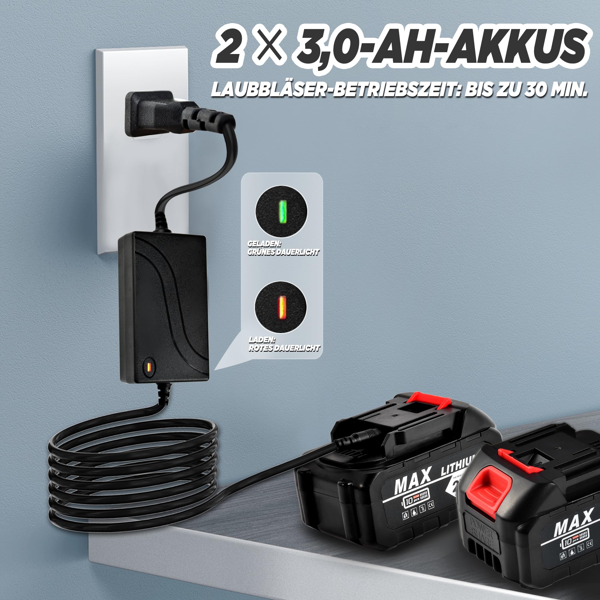 Soplador de hojas con batería con 2 baterías de 3,0 Ah y cargador, soplador de batería, soplador de hojas eléctrico de 3 velocidades, máx. 42 m/s de velocidad de flujo de aire, para jardín, patio