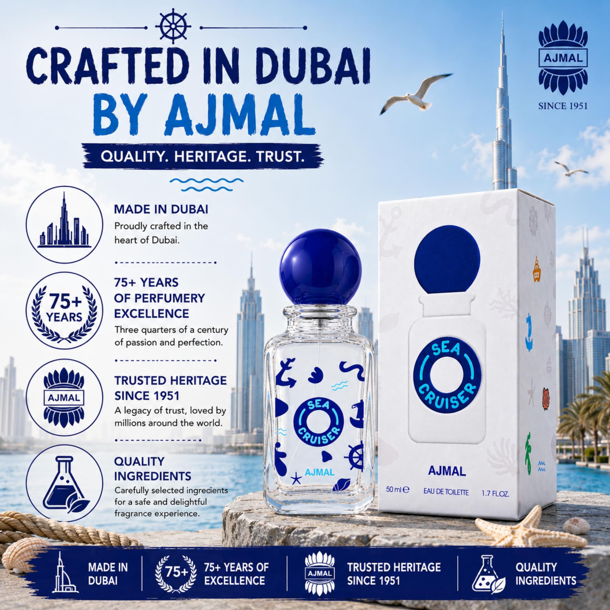 Ajmal SeaCruiser Profumo per ragazzi, 50 ml, fragranza fresca e speziata legnosa con limone e pepe nero, profumo quotidiano per bambini, prodotto a Dubai