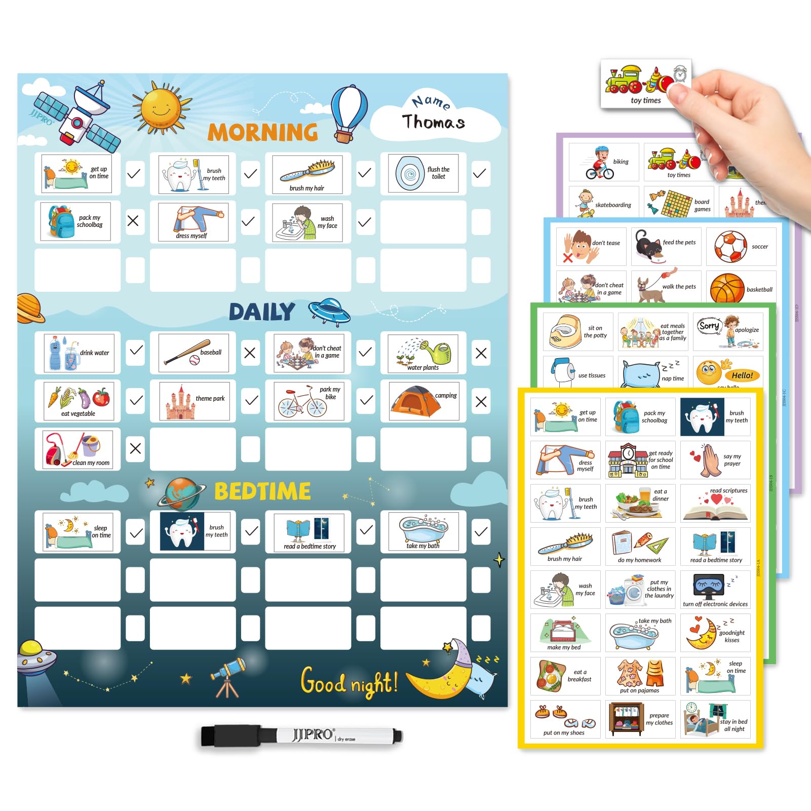 JJPRO Bedtime/Daily/Morning All-in One Routine Chart for Kids,Daily Schedule Board for Toddler, Routine Checklist for Kids at Home,Large Routine Chart for Non-Magnetic Fridge-Outer Space