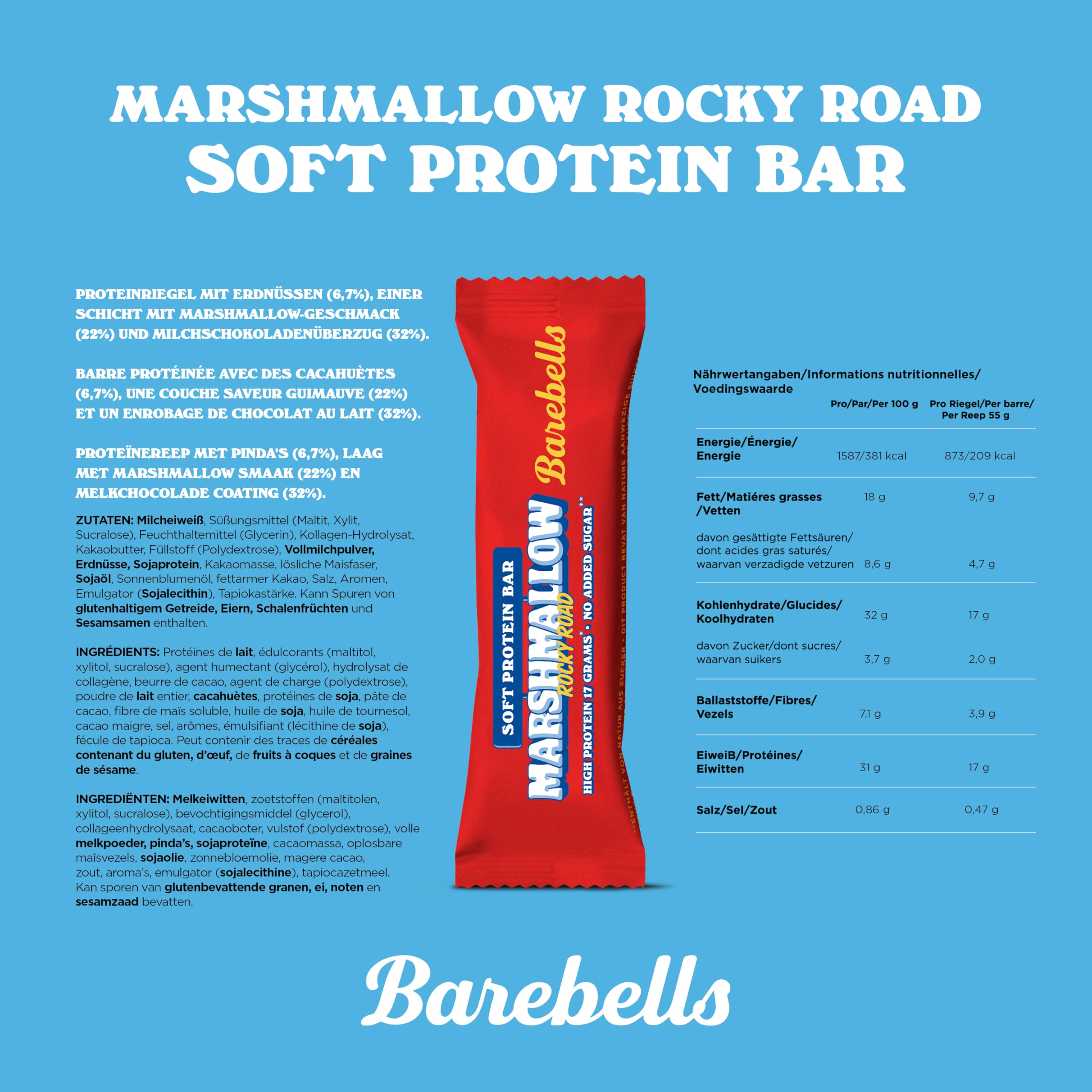 Barebells Soft Protein Bar - Barra alta en proteínas de 17 g, barra baja en azúcar, sin aceite de palma - Marshmallow Rocky Road, 12 x 55 g