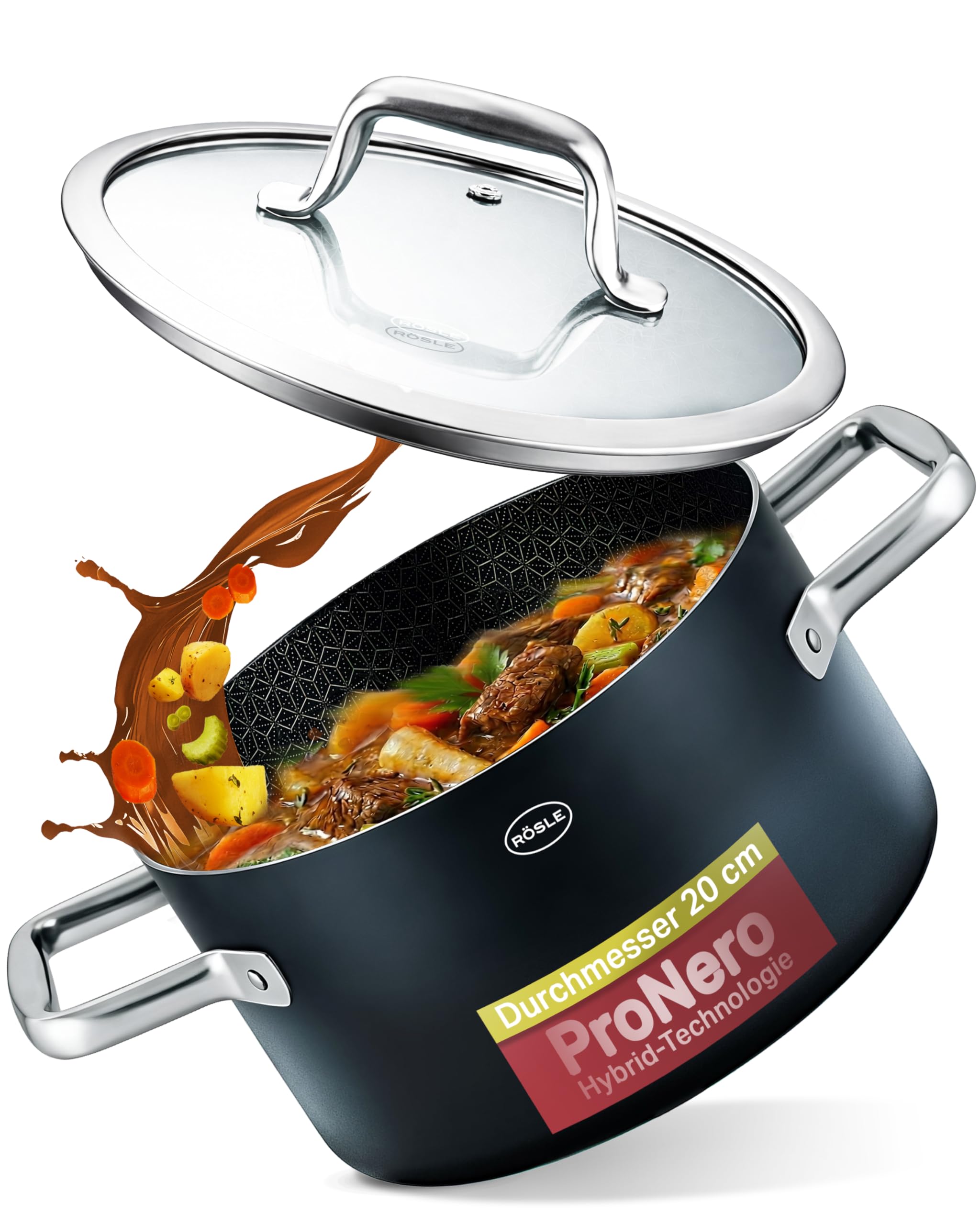 RÖSLE EBONIC Kochtopf 20 cm Induktion – Topf 20cm mit Deckel – ProNero Keramik Antihaftbeschichtung mit Edelstahl-Wabenstruktur – PFAS-frei – 3-Schicht Mehrschichtmaterial – für alle Herdarten