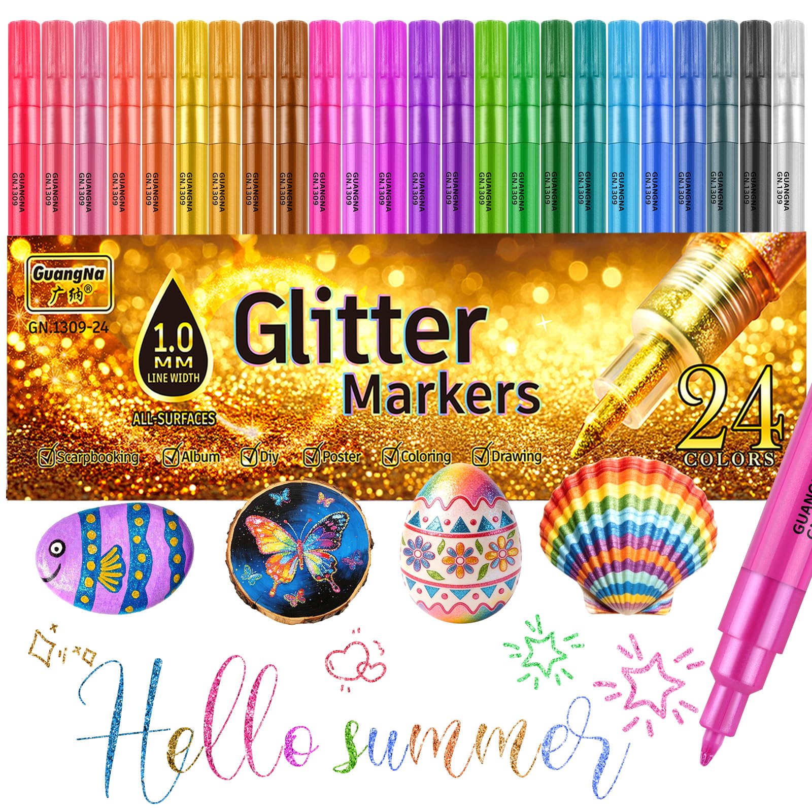 Gelanty Acrylic Glitter Pens, 24 Colours Glitter Markers Pen, 1mm Fine Tip