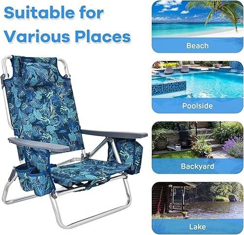 Miniatura 7 de Goplus Sillas de playa con mochila, 2 sillas de camping portátiles con bolsa fresca y soporte para tazas, sillas reclinables al aire libre de 5