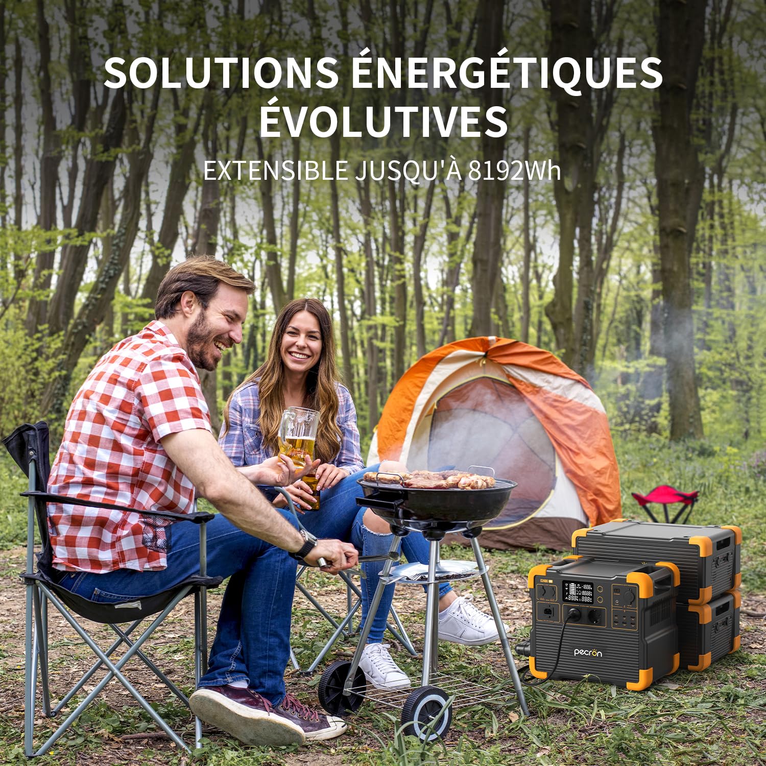 Station d’énergie portable PECRON E2400LFP – 2 048 Wh LiFePO4 (extensible à 8 192 Wh), 2 400 W de puissance continue, charge ultrarapide en 1,5 h, idéale pour secours électrique, camping et vanlife.