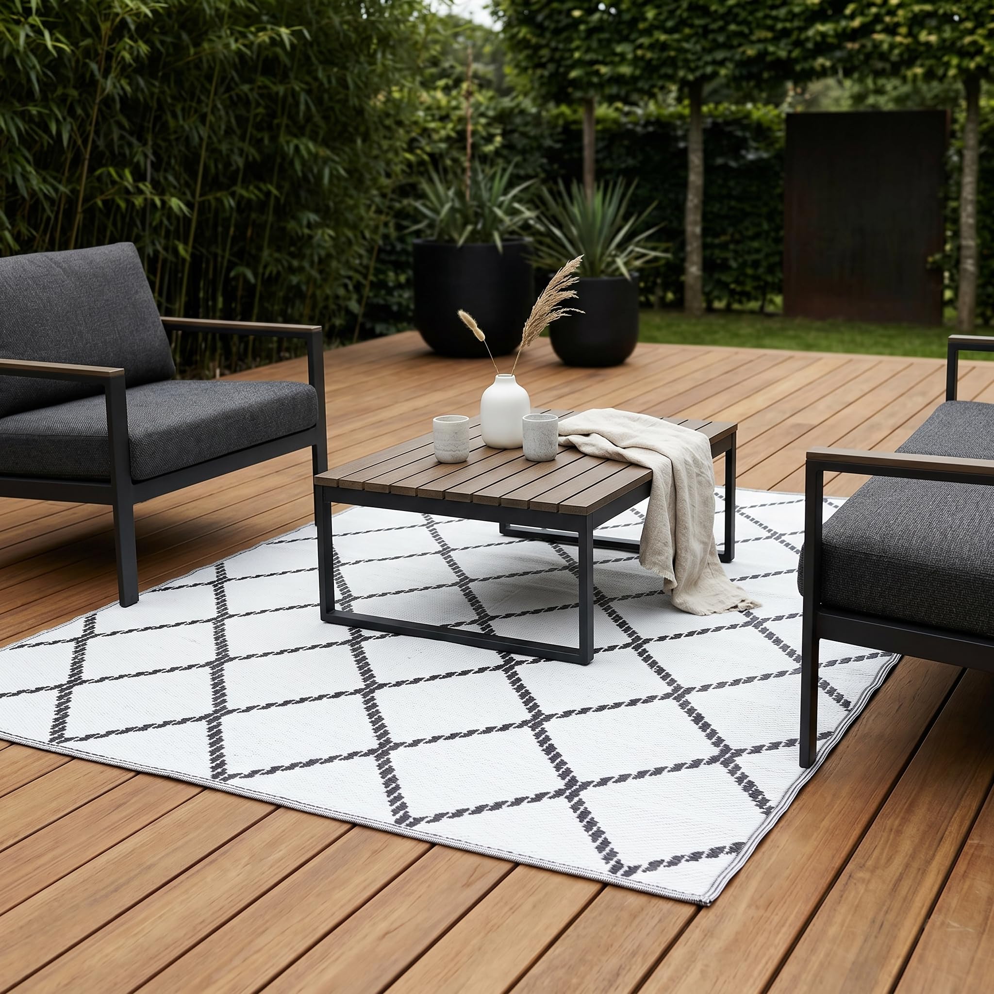 Grand tapis d'extérieur réversible et imperméable, pour jardin, terrasse, arrière-cour, pique-nique (noir et blanc, 160 x 230 cm)