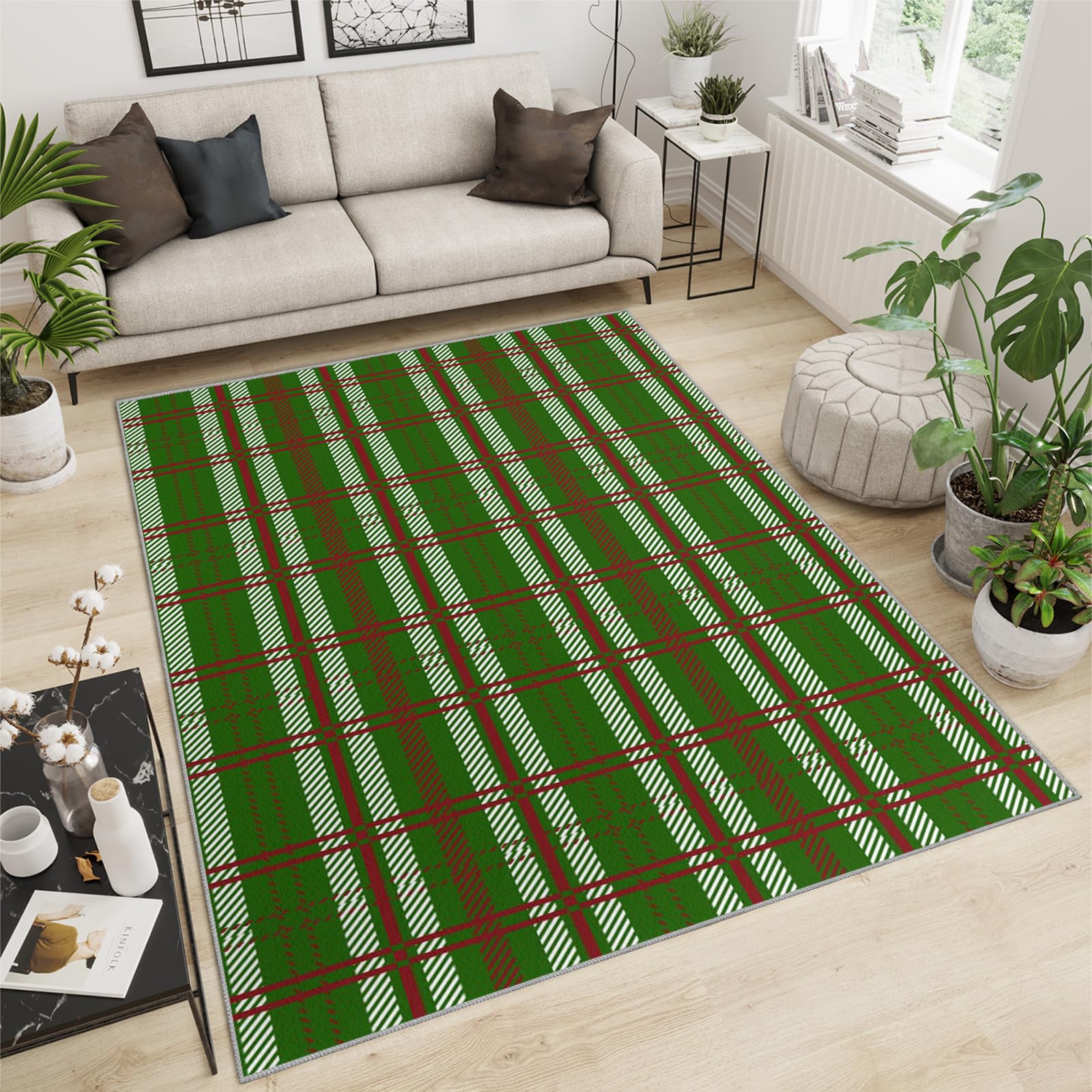 Tapis de Noël vert à carreaux 150x210 cm pour chambre d'amis et cuisine rustique