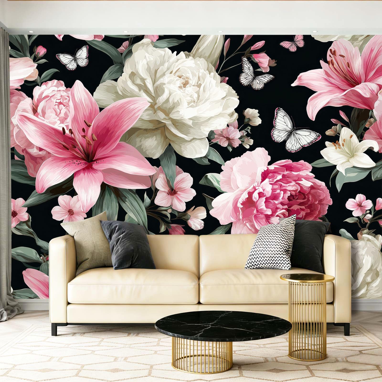 Kolorowa panoramiczna tapeta ścienna 300 x 210 cm, 3D wykwintna tapeta piwonia lilia motyl kwiatowy motyw fresk ścienny sypialnia salon dekoracja obrazu gigantyczny plakat ścienny