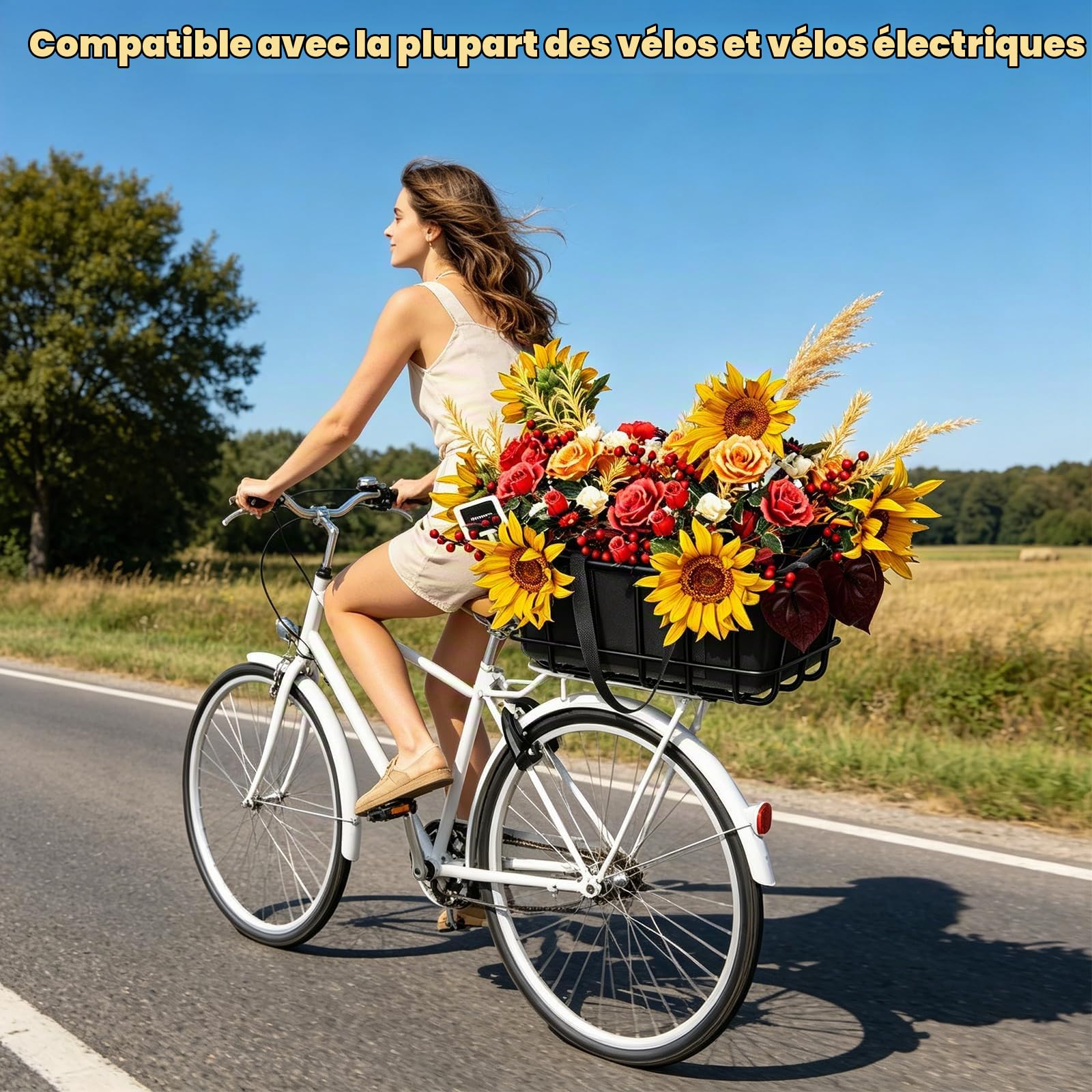Panier Vélo Arrière, 43×30×20CM Panier Arrière de Vélo en Métal avec Filet de Chargement et Doublure, Utilisé pour Le Transport de Fruits et Légumes(y Compris Les Outils D'installation)