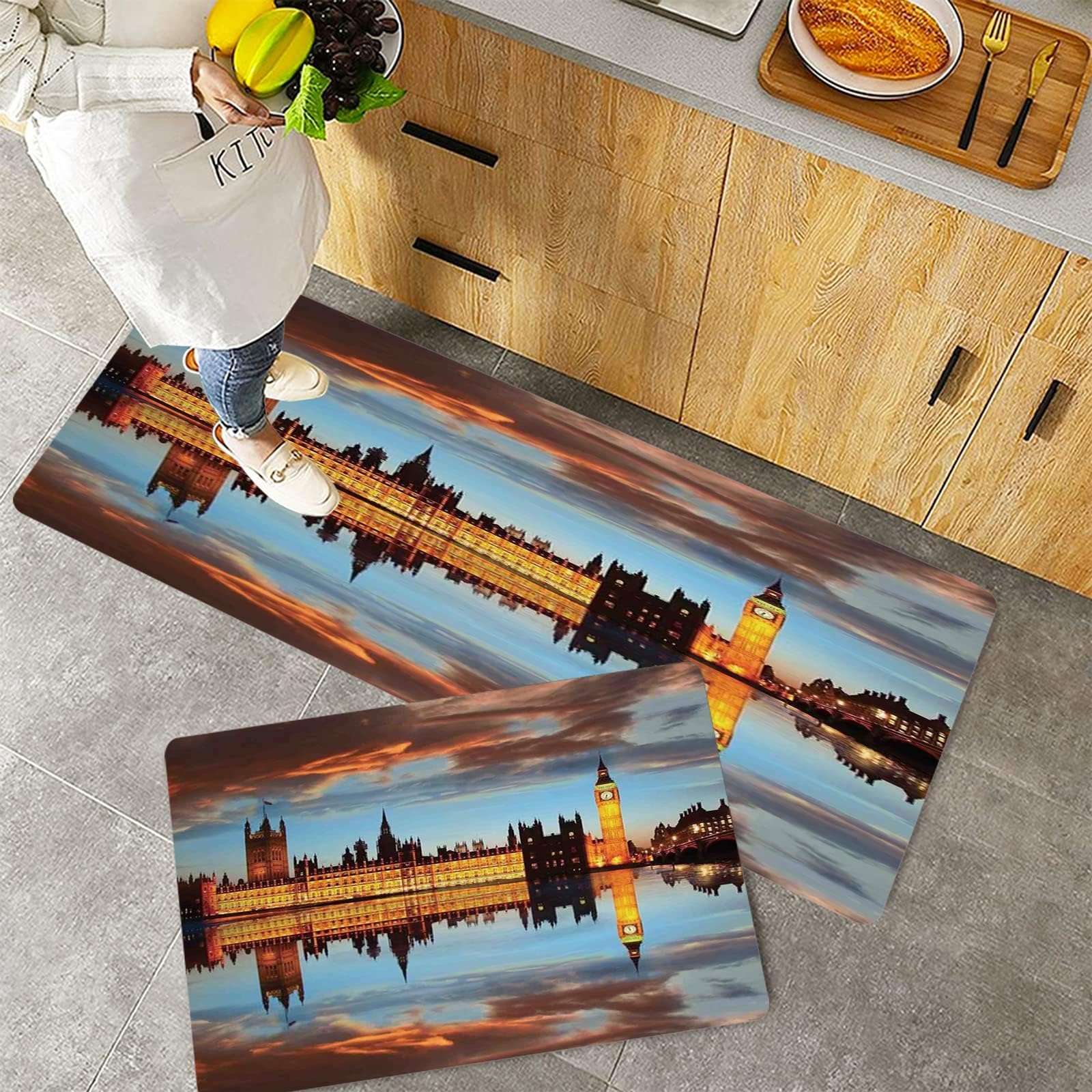 Kitchen Rugs Set 2 Piece Non-Slip Kitchen Mats and Rugs,London,Splendent Scene of Big Ben Westminster Cloudy Night Thames Riv,Rubber Backing Durable Floor Mat Doormat Machine Washable(40x60+40x100cm)