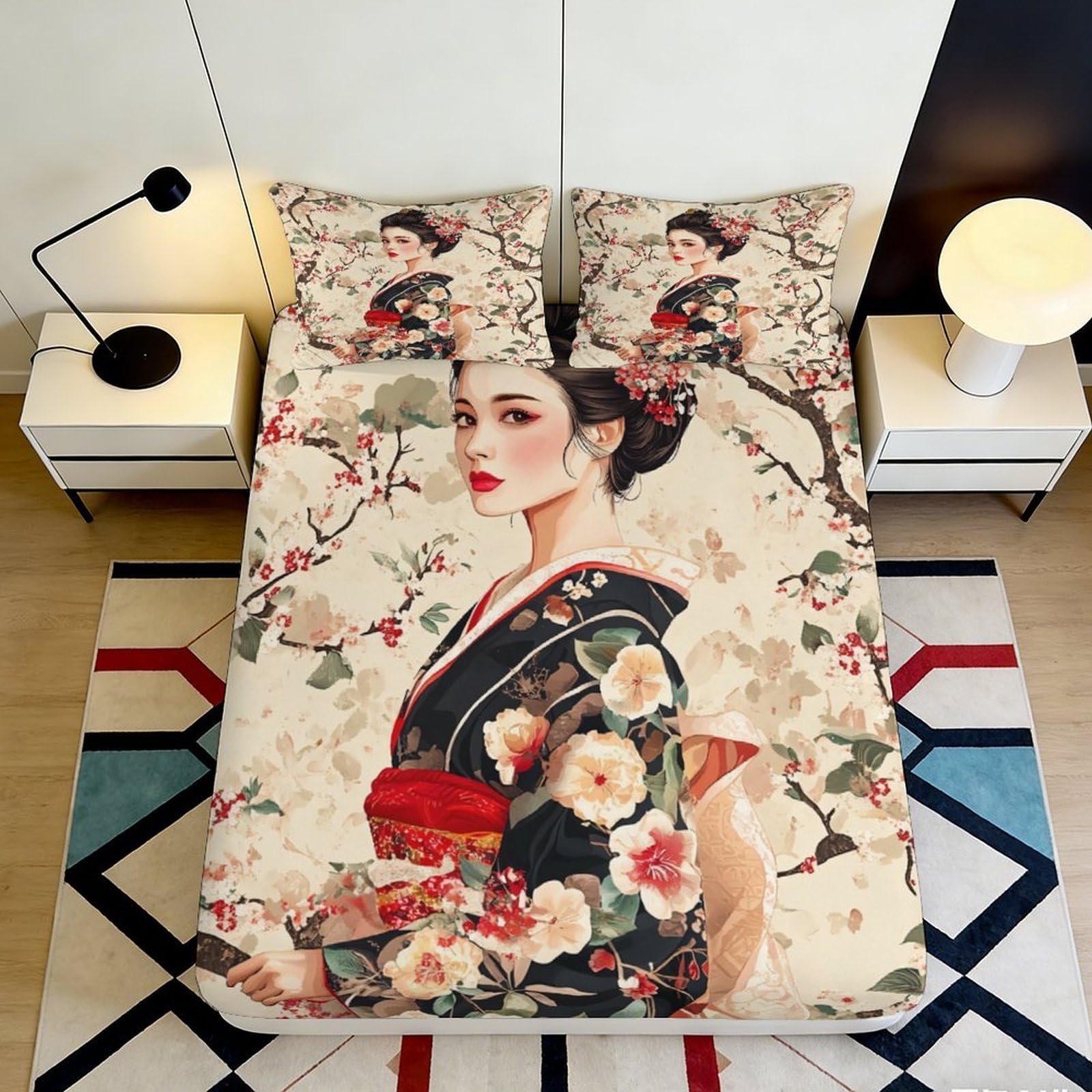 Pnayamiorkfel Style-4 3D Printed Japanese Kimono Floral Fitted Sheet Microfiber Soft Breathable Cherry Blossom Bed Cover For Bedroom Dorm Decor 90X200x25cm