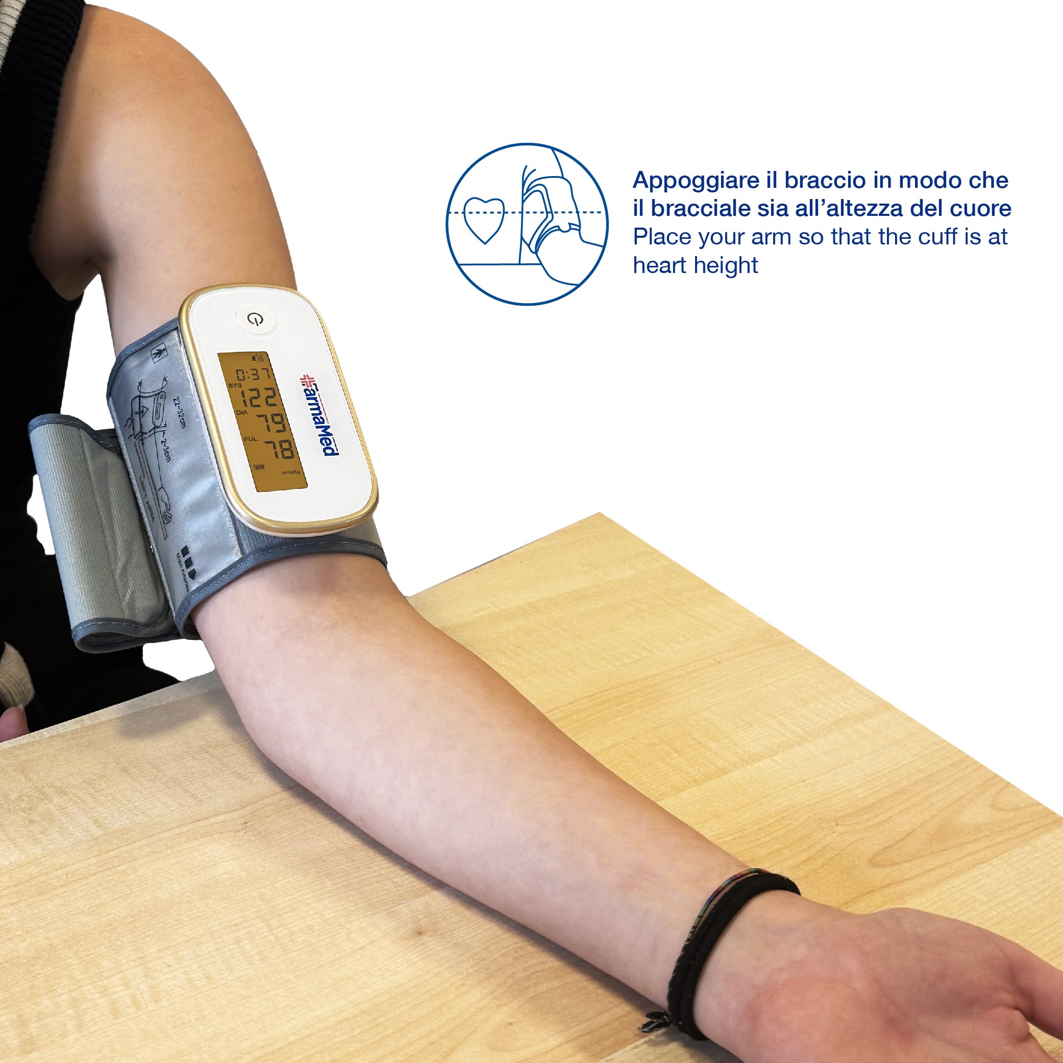 Tensiómetro digital sin cable para el brazo FarmaMed, esfigmomanómetro digital para el brazo, diastólica y sistólica, frecuencia cardiaca, 90 memorias, pantalla LCD, carga USB, con estuche