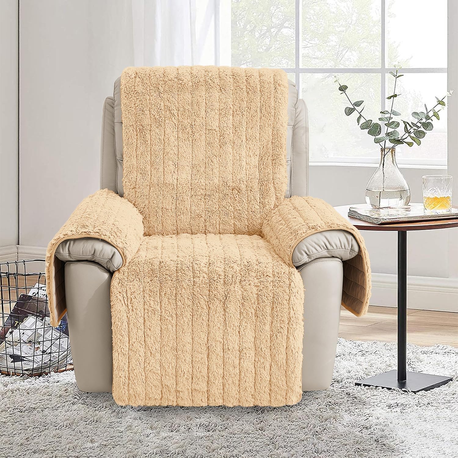 RBSC Home Plush Recliner Slipcover 23 Inches Beige Chair Covers Artificial Wool Lazy Boy Cover Quilted Cover for Recliner Chairs and Furniture Soft Warm