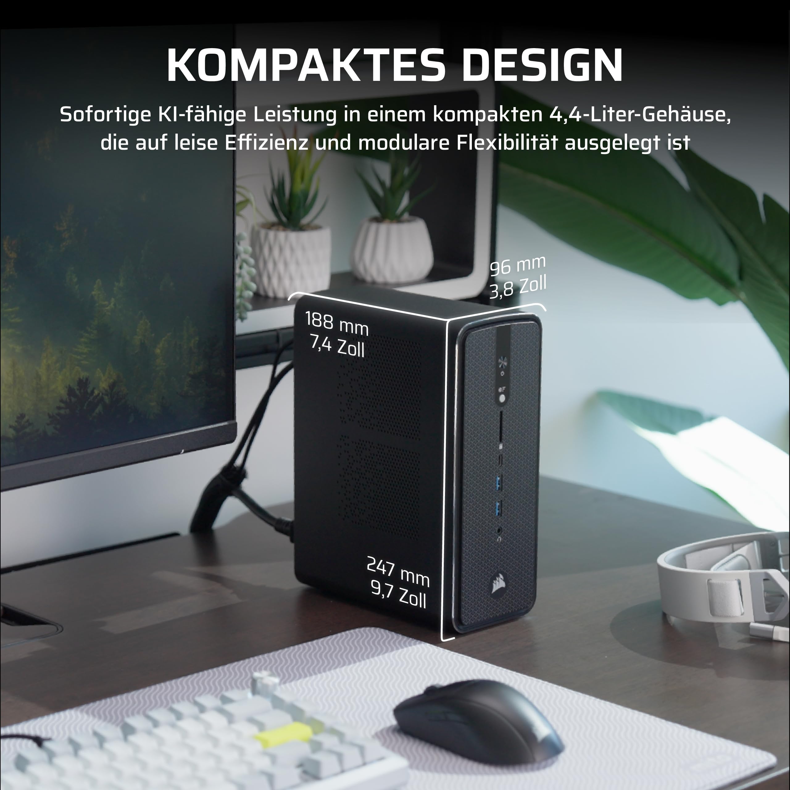 Corsair AI Workstation 300 Desktop-PC – Schwarz | AMD Ryzen AI Max 385 CPU, AMD Radeon 8050S iGPU (Up to 48GBs vRAM), 64GB LPDDR5X 8000MHz Speicher, 1TB M.2 SSD
