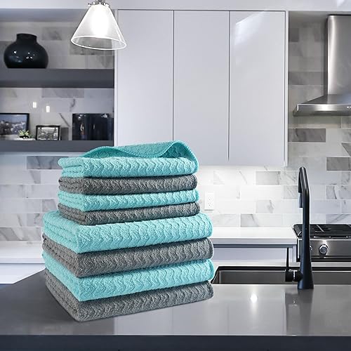 Miniatura 7 de POLYTE Juego de toallas de cocina y platos de microfibra de tejido ondulado, paquete de 8 (4-16 x 28 pulgadas, 4-12x12 pulgadas, gris, aguamarina)