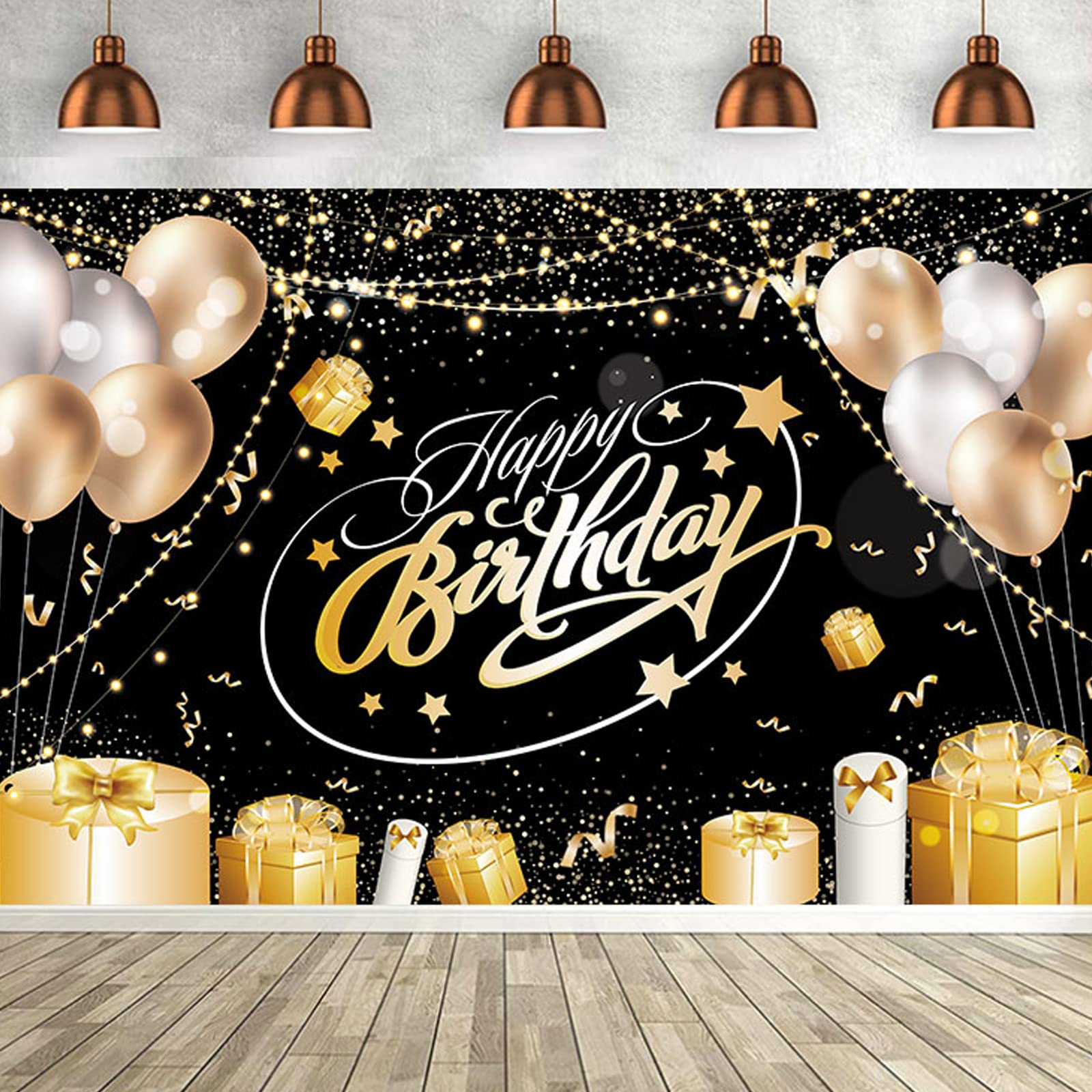 MQBirthday Party Decoration Fabric Black Gold Sign Poster for Anniversary Photo Booth Backdrop Background Banner, Birthday Party Supplies Gifts for Men Women, 70.90 x 45.30 Inch