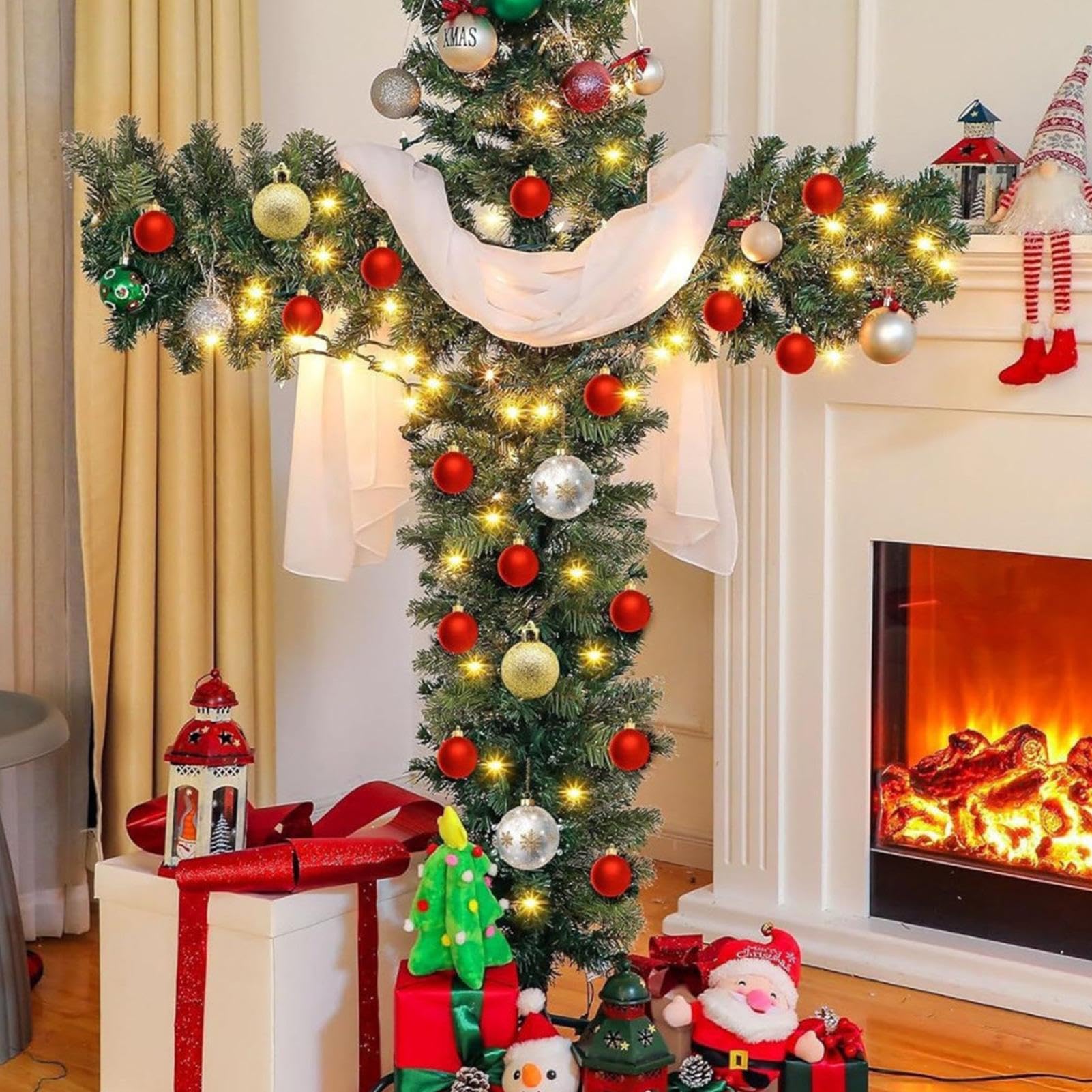 Árbol de Navidad Cruz Plegable - Árbol de Navidad Cruz Con Iluminación, 5 Pies De Pino Artificial Preiluminado, Árboles De Navidad Brillantes Con Bufanda De Seda