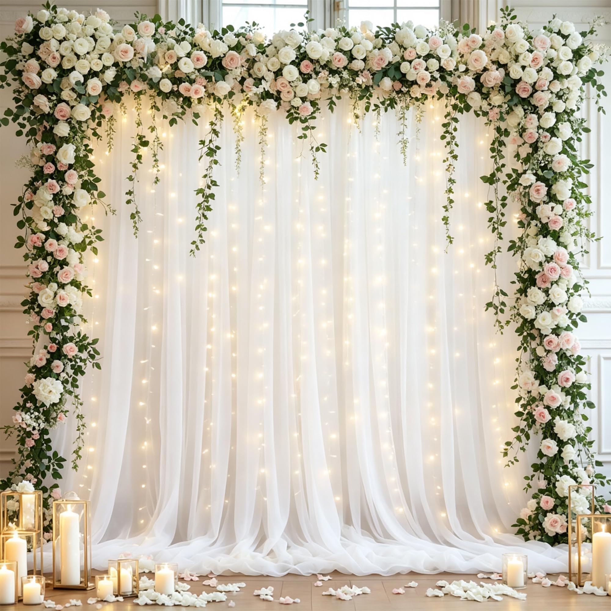 10x10ft White Tulle Backdrop Curtain with Lights String for Parties, Sheer Curtain Photo Backdrop Drapes for Wedding Baby Shower Bridal Shower Birthday Photography Background Decoration