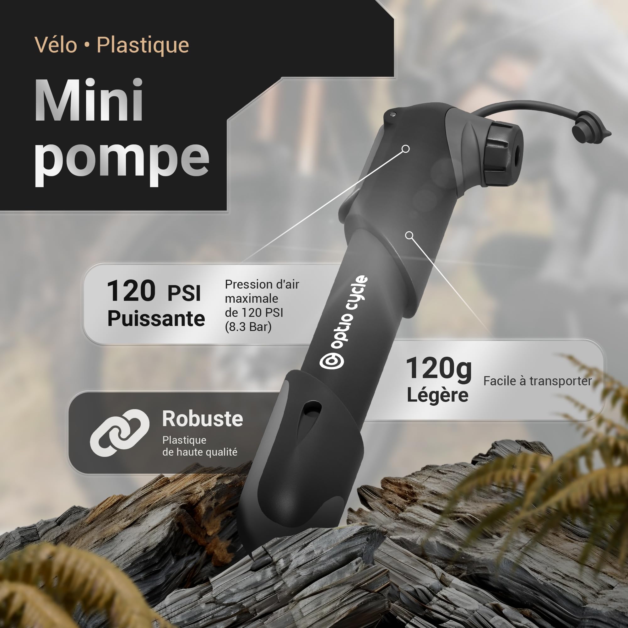 Pompe Velo 120 PSI 8,3 Bar Portable Compacte Manuelle pour Presta et Schrader