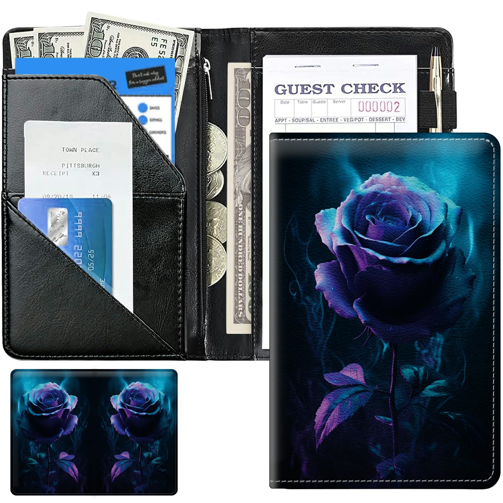 Art Blue Rose Cute Server Books for Waitress, Leather Waiter Book Server Wallet with Zipper Money Pocket, 5 * 8 Waitress Ticket Book Holder Restaurant Waitstaff Organizer with Pen Holder Fit