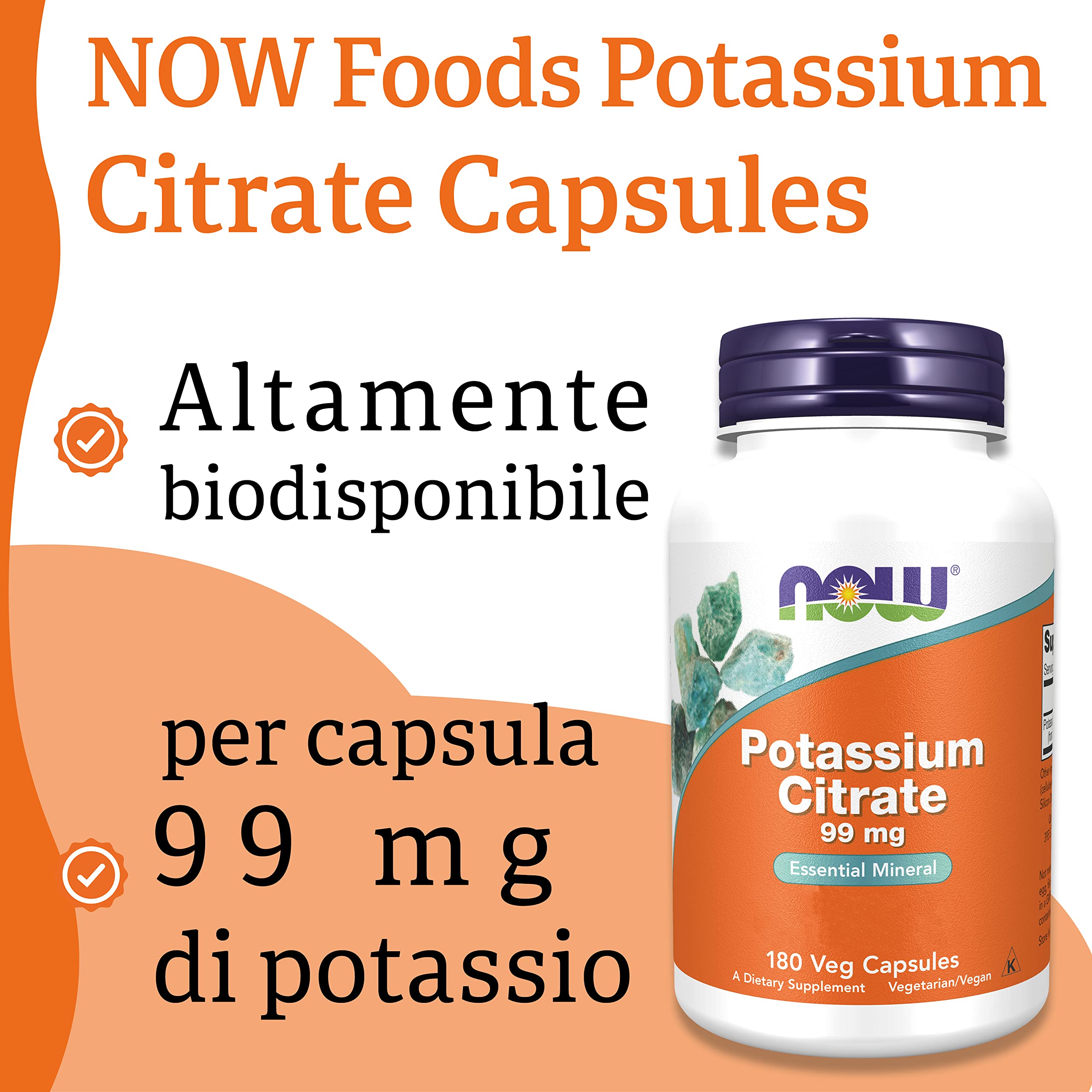 Now Foods, Potassium Citrate (Citrato di Potassio), 99 mg, 180 Capsule vegan, Testato in Laboratorio, Potassio, Minerali, Senza Glutine, Senza Soia, Vegetariano