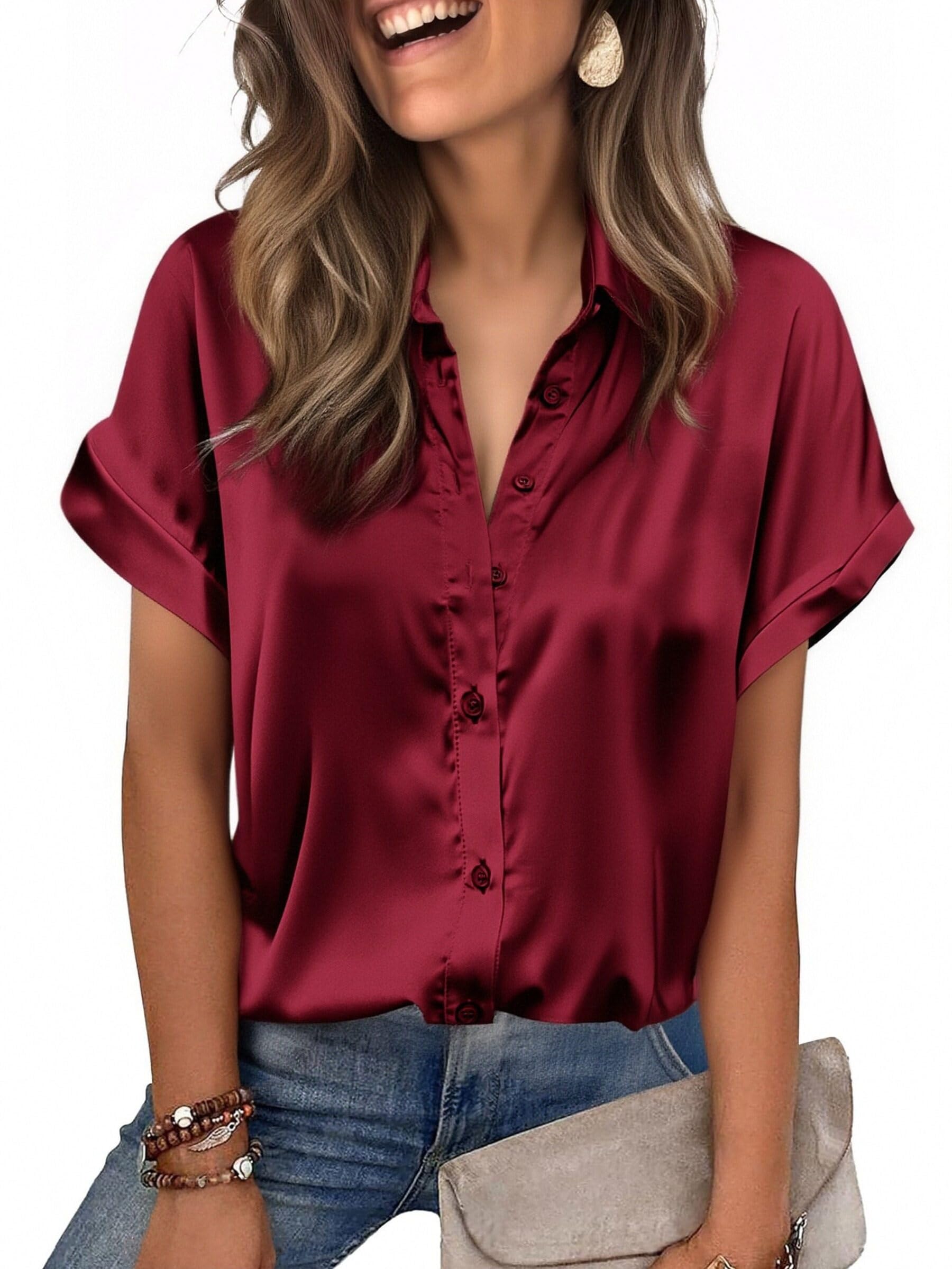 Photo 1 of Zeagoo Women Short Sleeve Silk Blouse Satin Button Down Shirts Wine Red Dress Tops Fashion Clothes Wine Red
