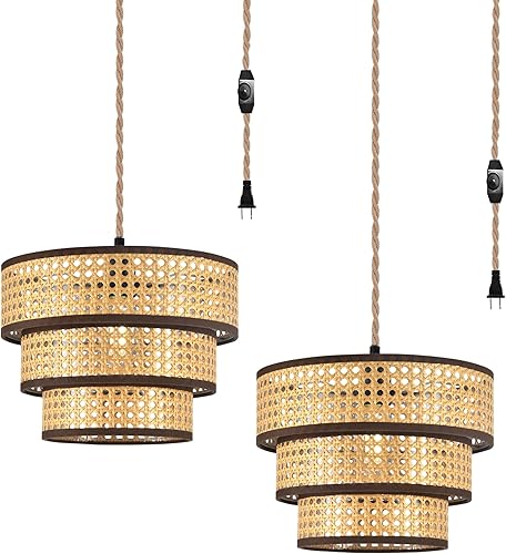 XININSUN Lámpara colgante de 3 niveles enchufable con cable de enchufe de 15 pies, lámpara colgante regulable de mimbre de ratán, pantalla de tambor