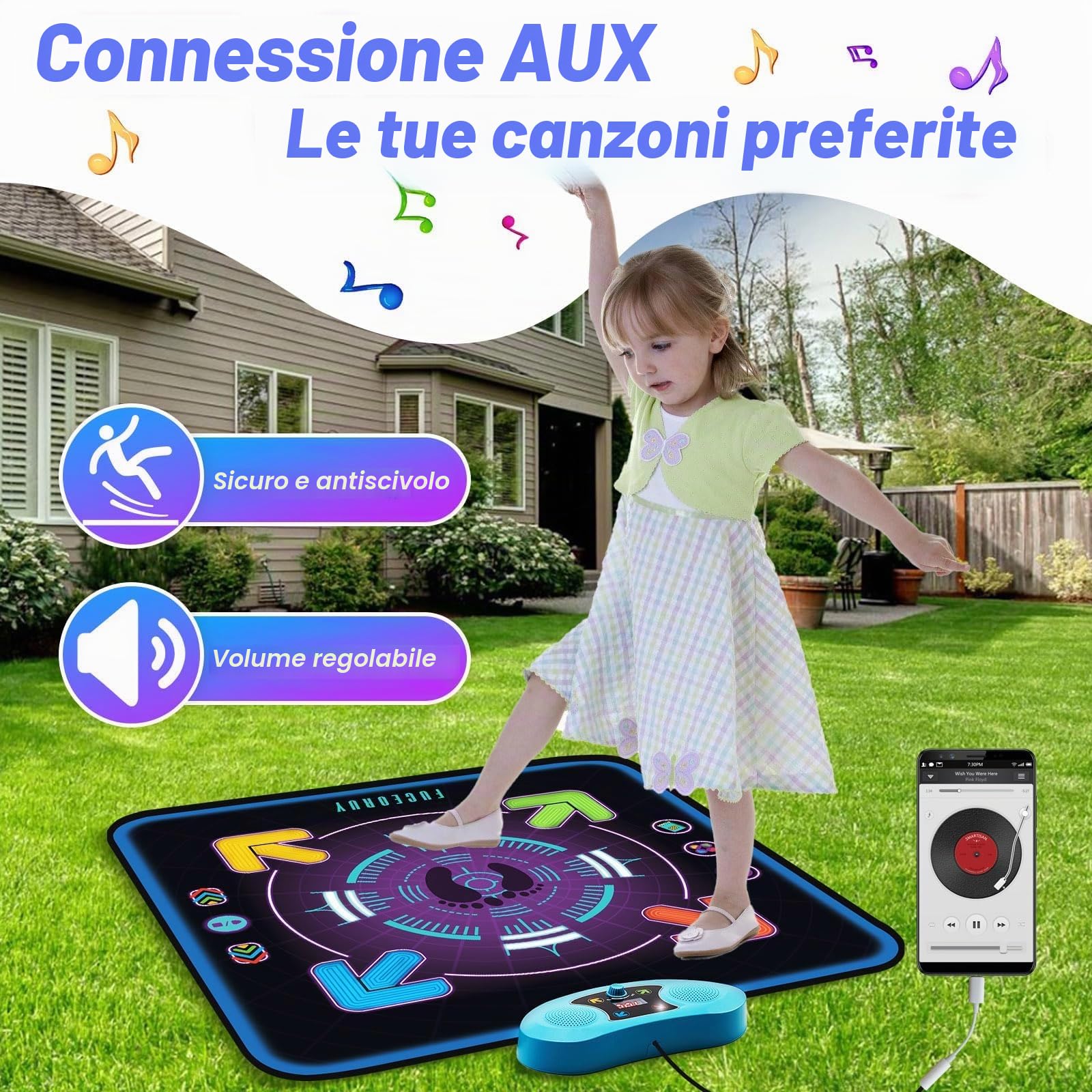 FUCEORUY Tappeto Ballo Bambini, Tappeto Musicale con 3 modalità di Gioco, Volume Regolabile Tappetino da Ballo Giocattoli Natale Regali Compleanno per Ragazzi Ragazze 4 5 6 7 8 9 10+ Ages (95 x 95cm)