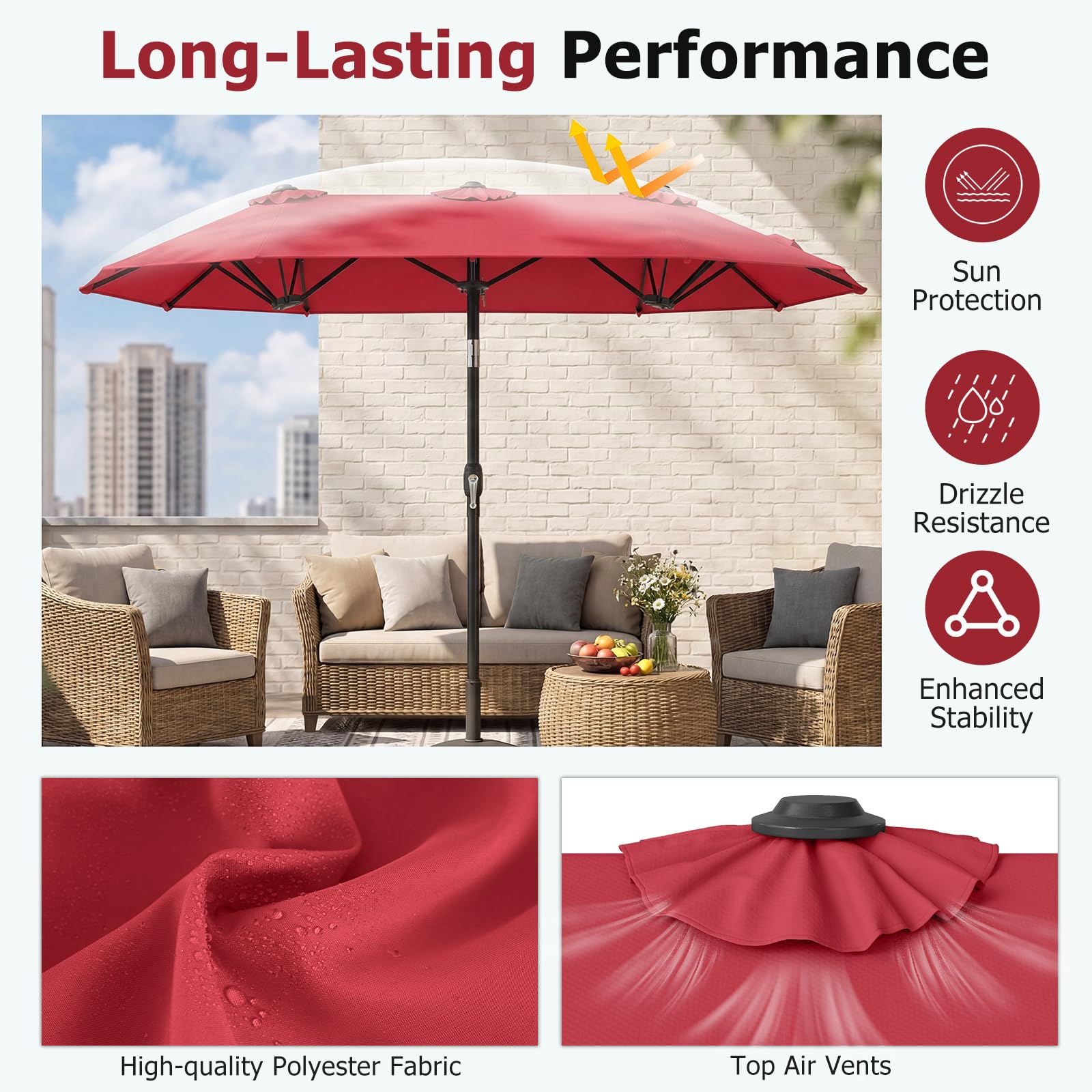 FANTASK Doppelsonnenschirm, 300x150cm, Gartenschirm knickbar mit Kurbel, Doppel Sonnenschirm, Marktschirm, Terrassenschirm für Garten, Terrasse, Balkon (Rot)