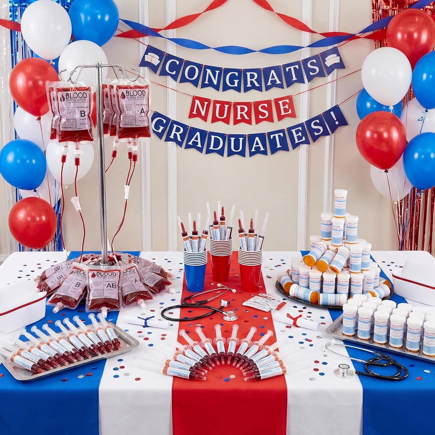 TrelaCo 120 Pcs Nurse Graduation Party Supplies Set Blood Bag for Drinks Plastic Syringes Medication Pill Bottle and Stickers for Nurse Week Bsn Rn Lpn School College Graduation Party Decoration