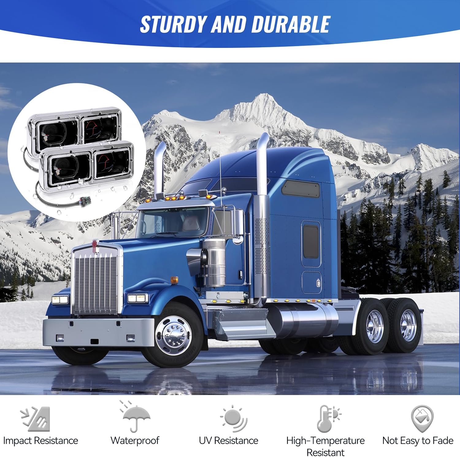 Headlight Housing Base with Chrome Dual Headlight Bezel Compatible with Kenworth T400 T600 T800 W900 K100 C500 Peterbilt 378 379 Freightliner FLD Classic XL Semi Truck Accessories（With Wire Harnesses）